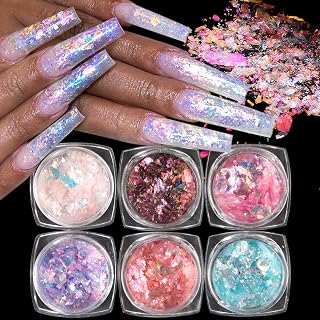 Opal Nail Art Glitter, 6 Boxes Holographic Chunky Glitter Flakes Kit, Aurora Effect for Nails, Chameleon Nail Flakes Chrome Powder, Pink Blue Iridescent Sequins Paillettes