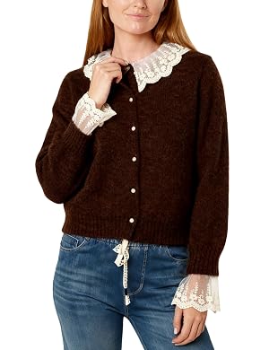 Watashi Long Sleeve Sweater for Women Casual Ruffle Lace Collar Knit Cardigan Fluffy Button Down Sweaters Fall Outerwear