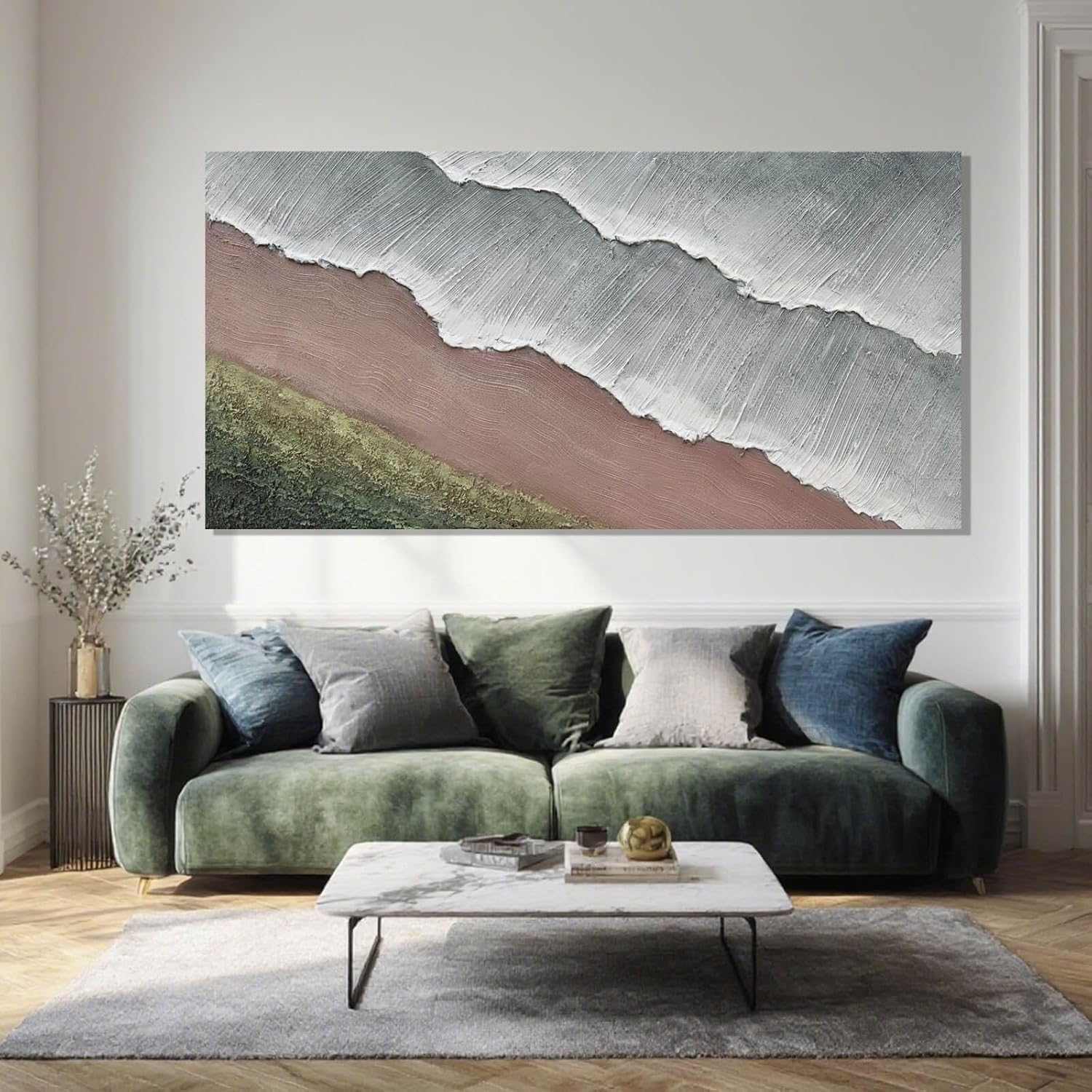 SHEYOYE Green Abstract Wall Art and White Textured Canvas Wall Decor | Modern Wall Decor for Living Room, Bedroom or Dining Room | Wall Hanging 24" x 48"