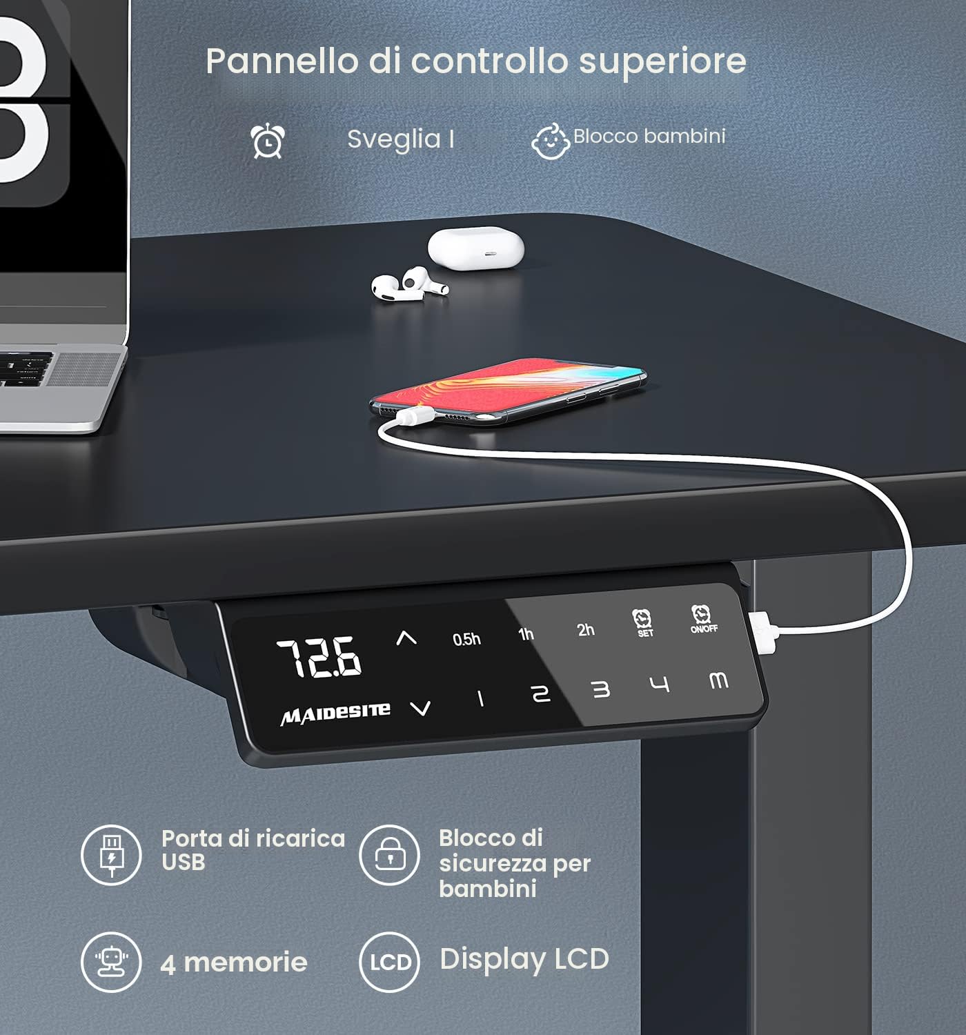 MAIDeSITe Scrivania Regolabile in Altezza, con un' altezza regolabile compresa tra 72 e 120 cm, dotata di 2 motori potenti e 4 tasti di memoria - T2 Pro