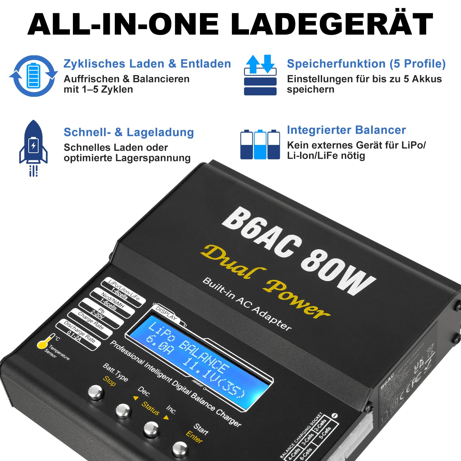 HTRC B6AC 6A LiPo Ladegerät Balancer 80W RC Akku Ladegerät für LiPo/Li-Ion/LiFe (1-6S), NiMH/NiCd (1-15S), PB (2-20V), LED-Display, 5 Speicherprofile, Metallgehäuse, XT60/T-Stecker/Tamiya/Krokoklemmen