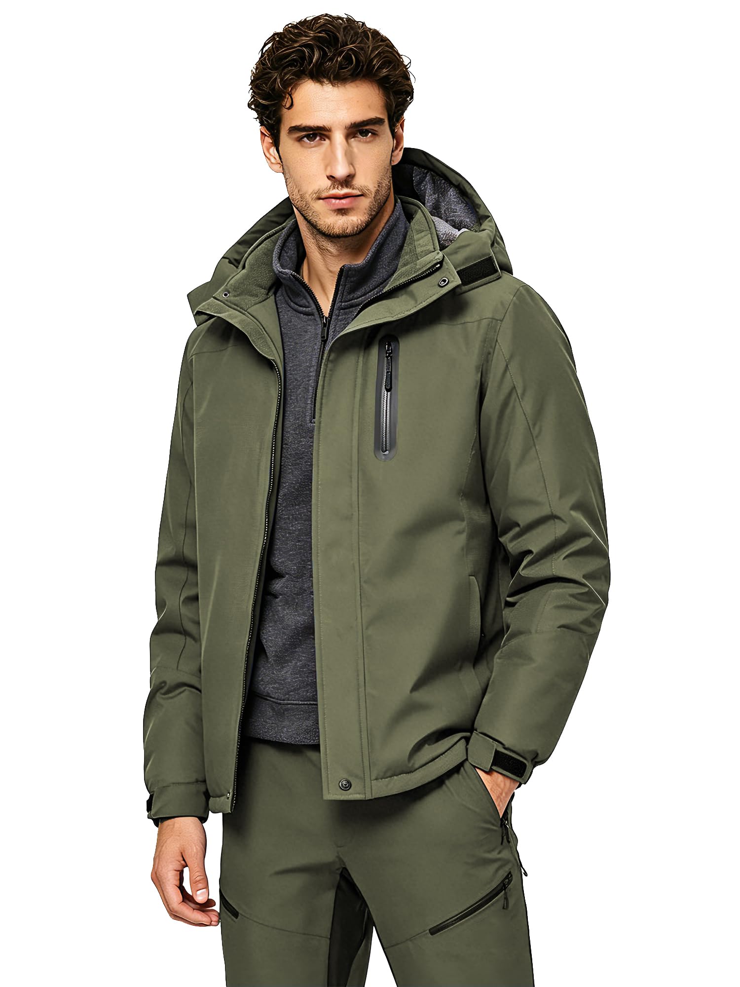 Veste d'Hiver Imperméable Hommes Doublé Chaud Coupe-Vent Blouson de Ski avec Capuche Amovible