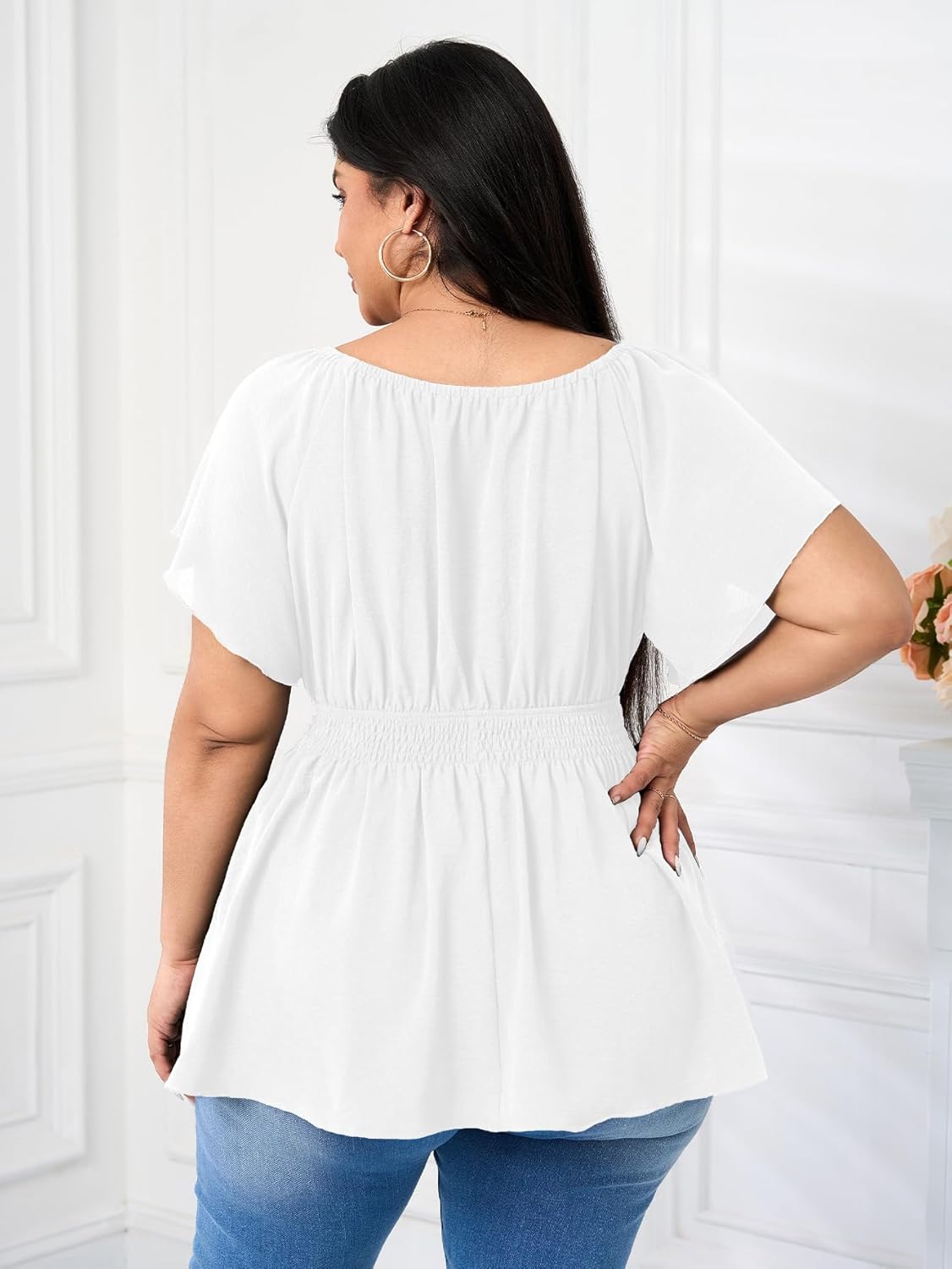 Womens Plus Size Tops V Neck Short Sleeve Blouse Babydoll Ruffle Peplum Smocked Dressy Casual Summer Top - Image 3