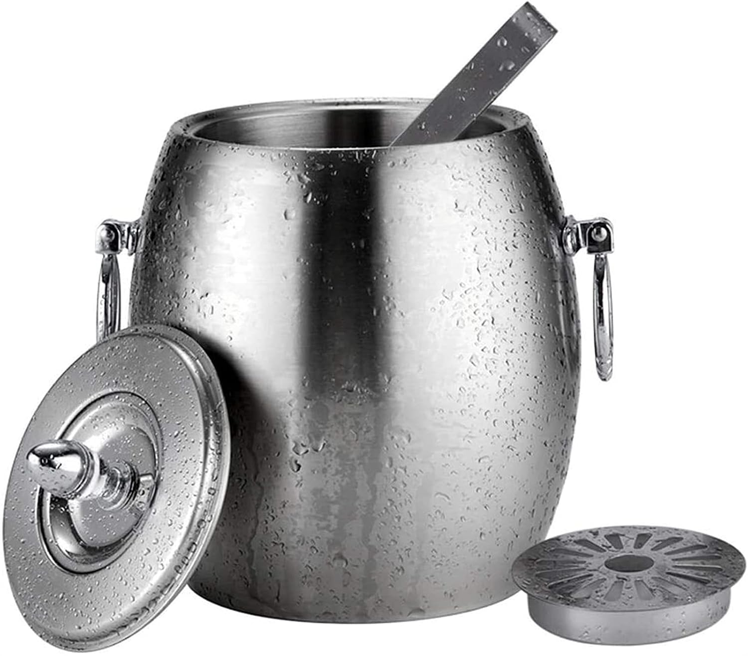 Ice Bucket Stainless Steel Double Walled Ice Bucket with Lid Stainless Steel Ice Tongs-Silver (Size : A20*11cm) (Size : B22*14cm)