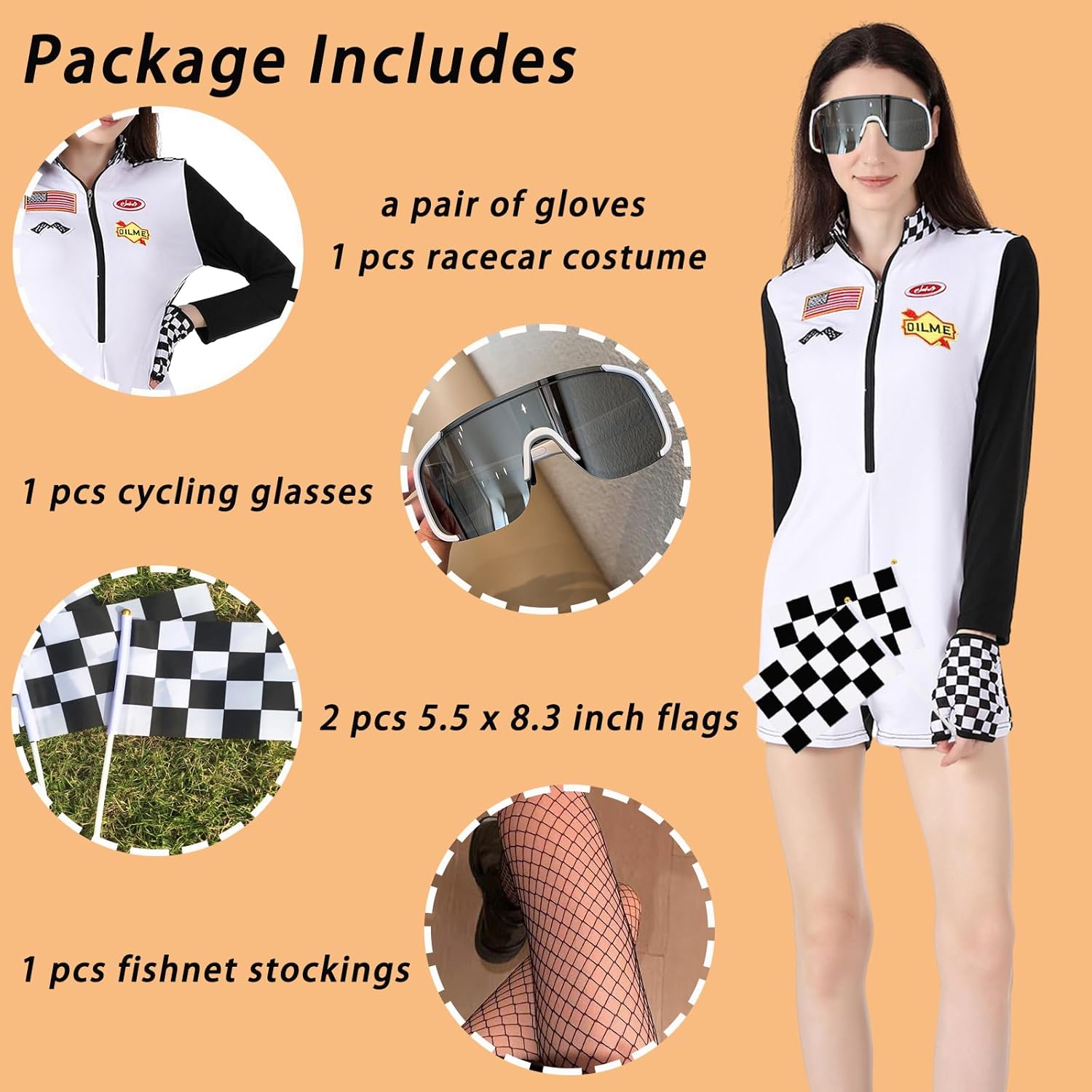 Speed Sexy Race Car Driver Halloween Costume Woman, 6 Pcs Racecar Costume Women Long Sleeves Jumpsuit Outfit - Image 5