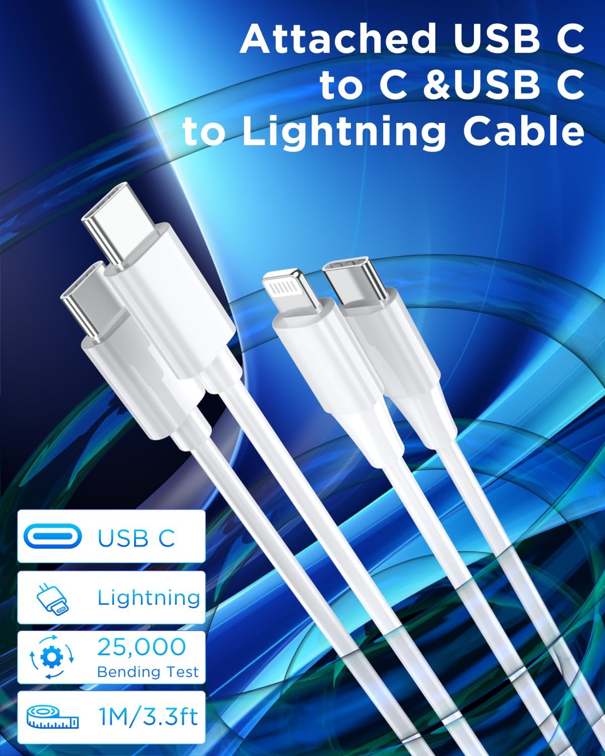 USB C Car Charger, 3-Port 66W Dual USB-C & USB-A Car Power Adapter with Fast Charging for iPhone 15/14/13, Samsung, Google Pixel, MacBook Pro and More (USB C to C & Type C to Lightning Cable Included)