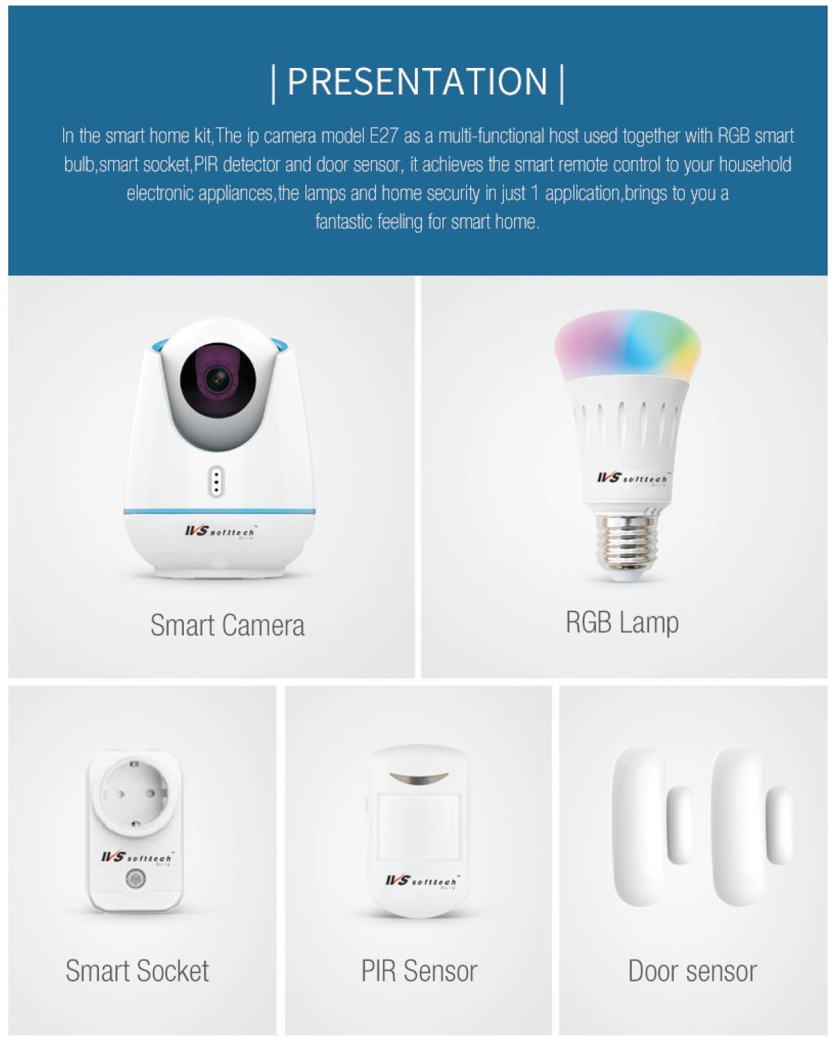 IVS IoT enabled Smart Home Kit with Smart Socket, Smart IP Camera and Smart Lamp with 16 million+ Color option, PIR Motion Sensor, Door and Window Sensor.