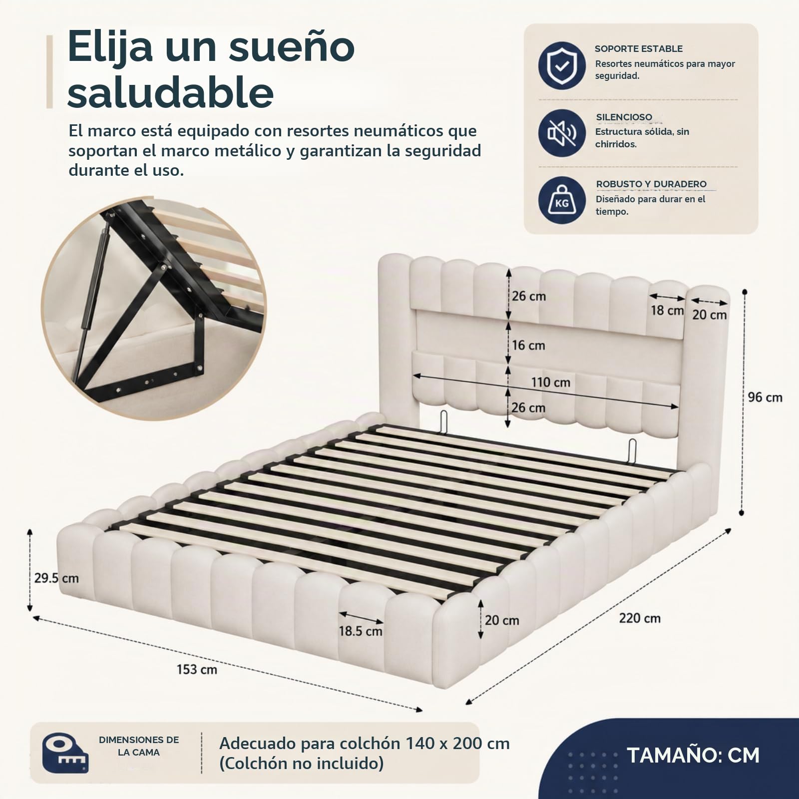 Fofetbfo Cama Baúl 140 x 200 cm, Burbuja Cama Doble Acolchado con Iluminación LED y Tipo-C y USB, Cama Capitonada con Almacenamiento, Marco de Cama Hidráulica con Somier de Latte, Lino (Beige, 140 x