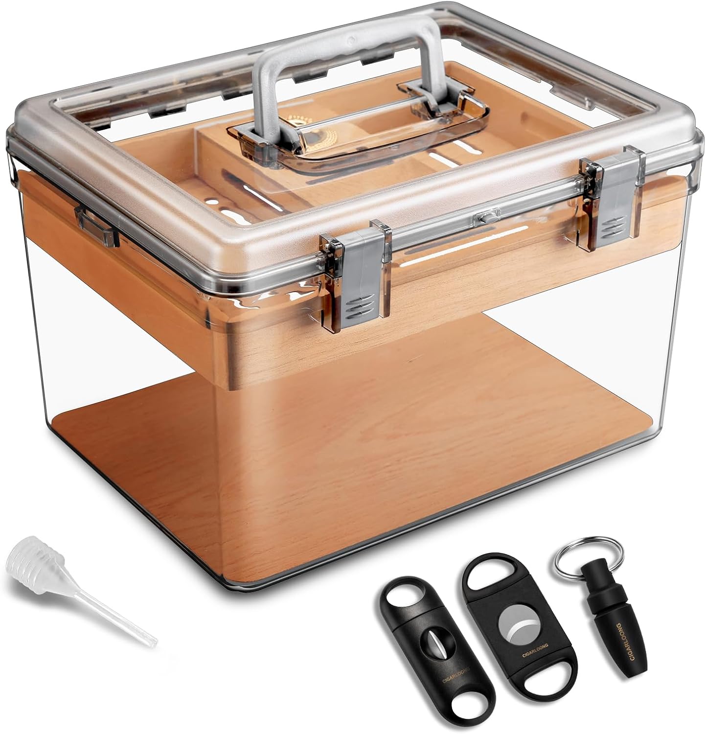 CIGARLOONG Cigar Humidor Transparent Acrylic Cigar Humidor with Humidifier and Hygrometer & 3 Cigar Cutters, Travel Cigar Case Airtight Cigars Container for Cigar Lovers (Large)