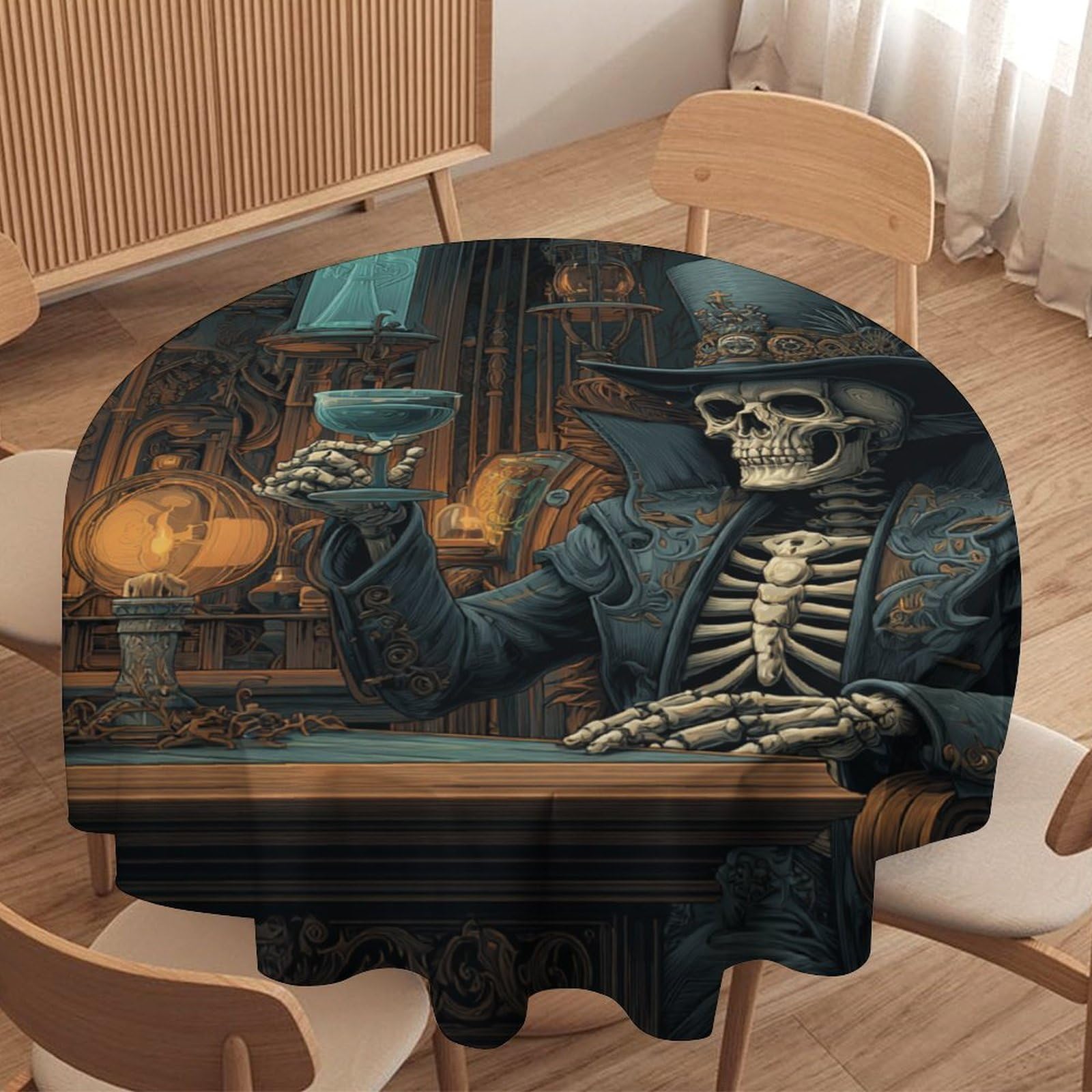 LUYYSKY Funny Oil Painting Gothic Skull Round Tablecloth Classic Abstract Halloween Skull Skeleton Bar Pattern Washable Decor for Table Cover for Kitchen-91.4" Wx91.4 L cm