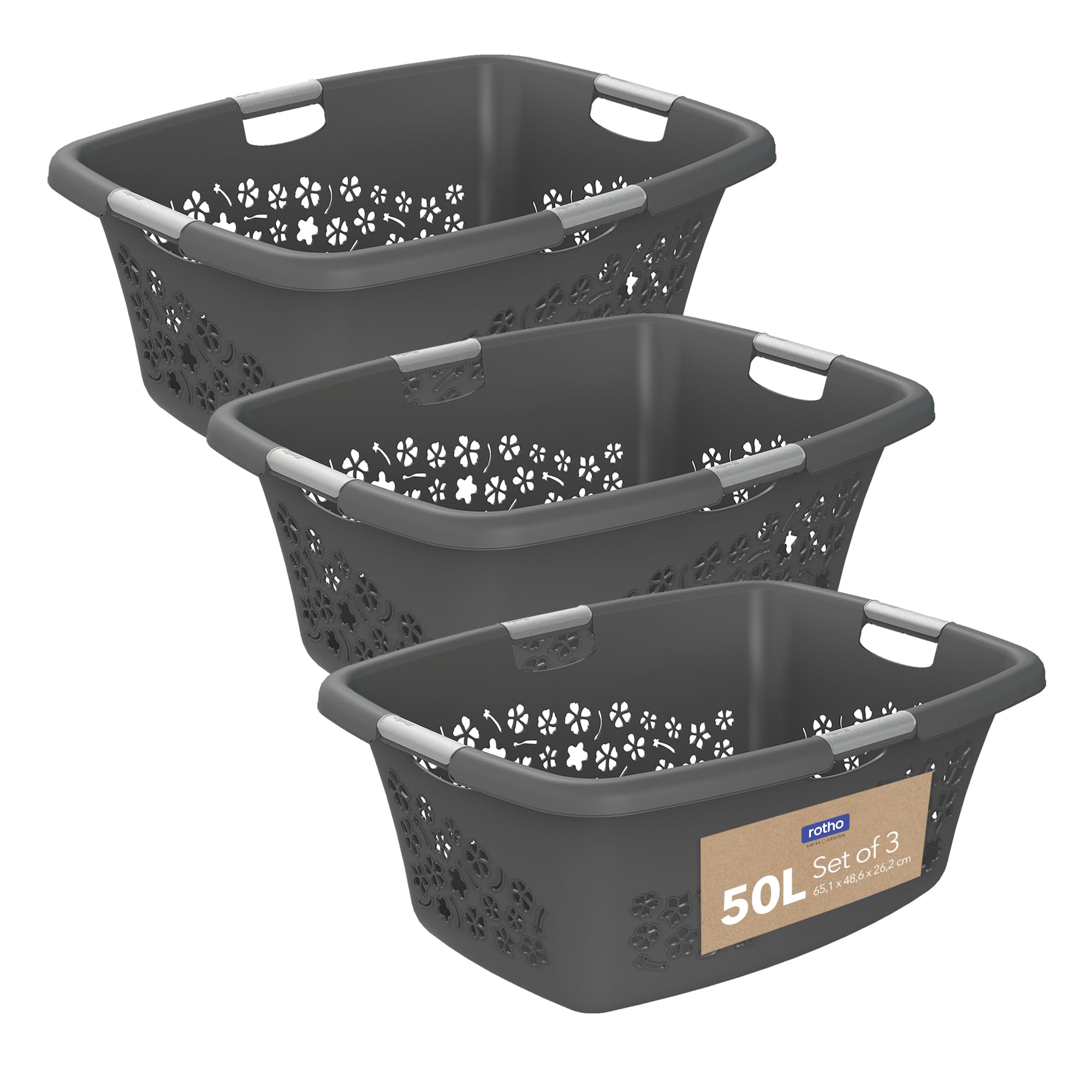 Rotho Flowers 3er-Set Wäschekorb 50l | mit Belüftungslöchern | mit 4 Griffen für bequemes Tragen | robust & langlebig | einfach zu reinigen & hygienisch | anthrazit