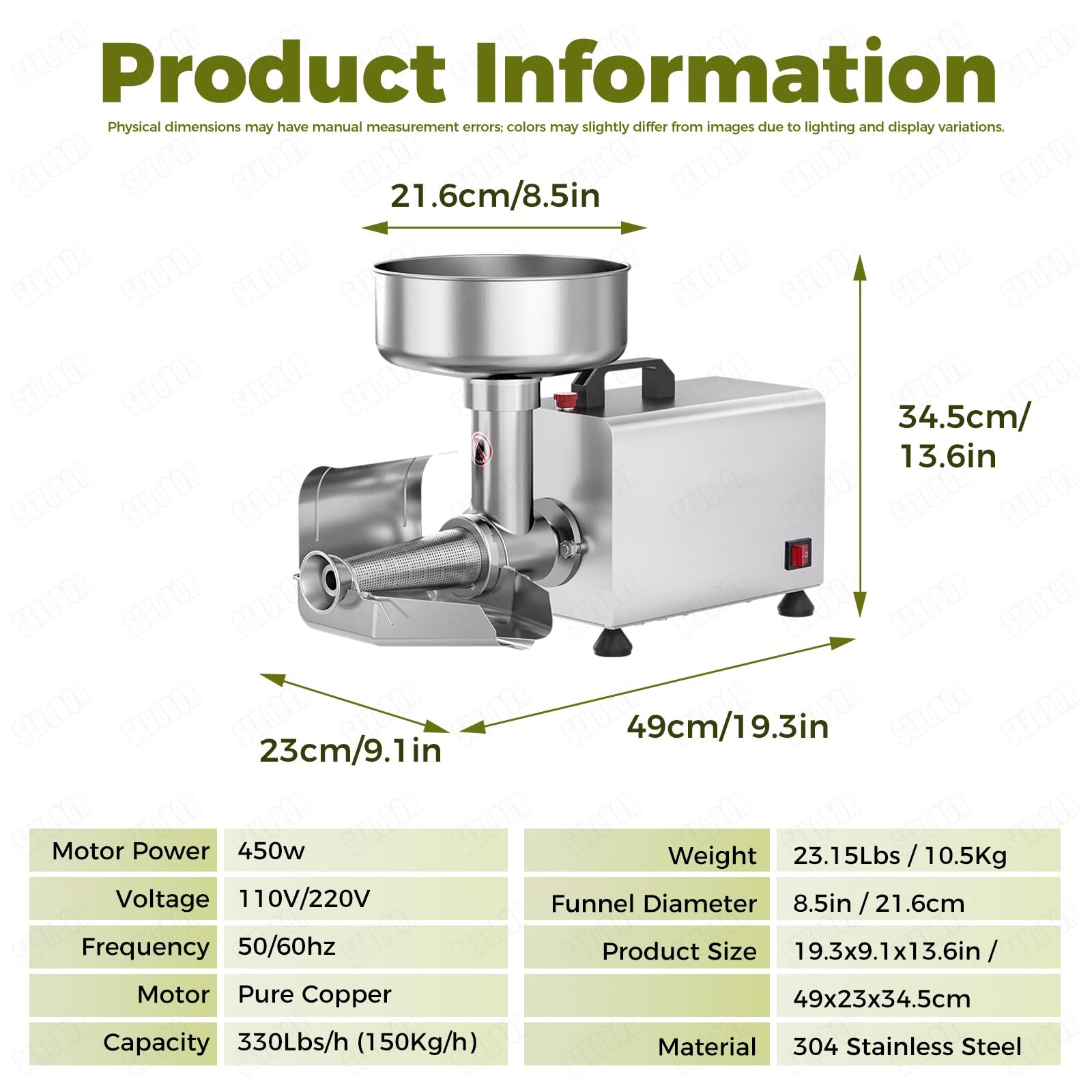 Elektryczna maszyna sosu pomidorowego 450W, Maszyna sosu pomidorowego, 200-330 Lbs/H, Duży lejek 8,5in, Maszyna produkcji sosu pomidorowego, Stal nierdzewna, Do pomidorów, truskawek, jagód