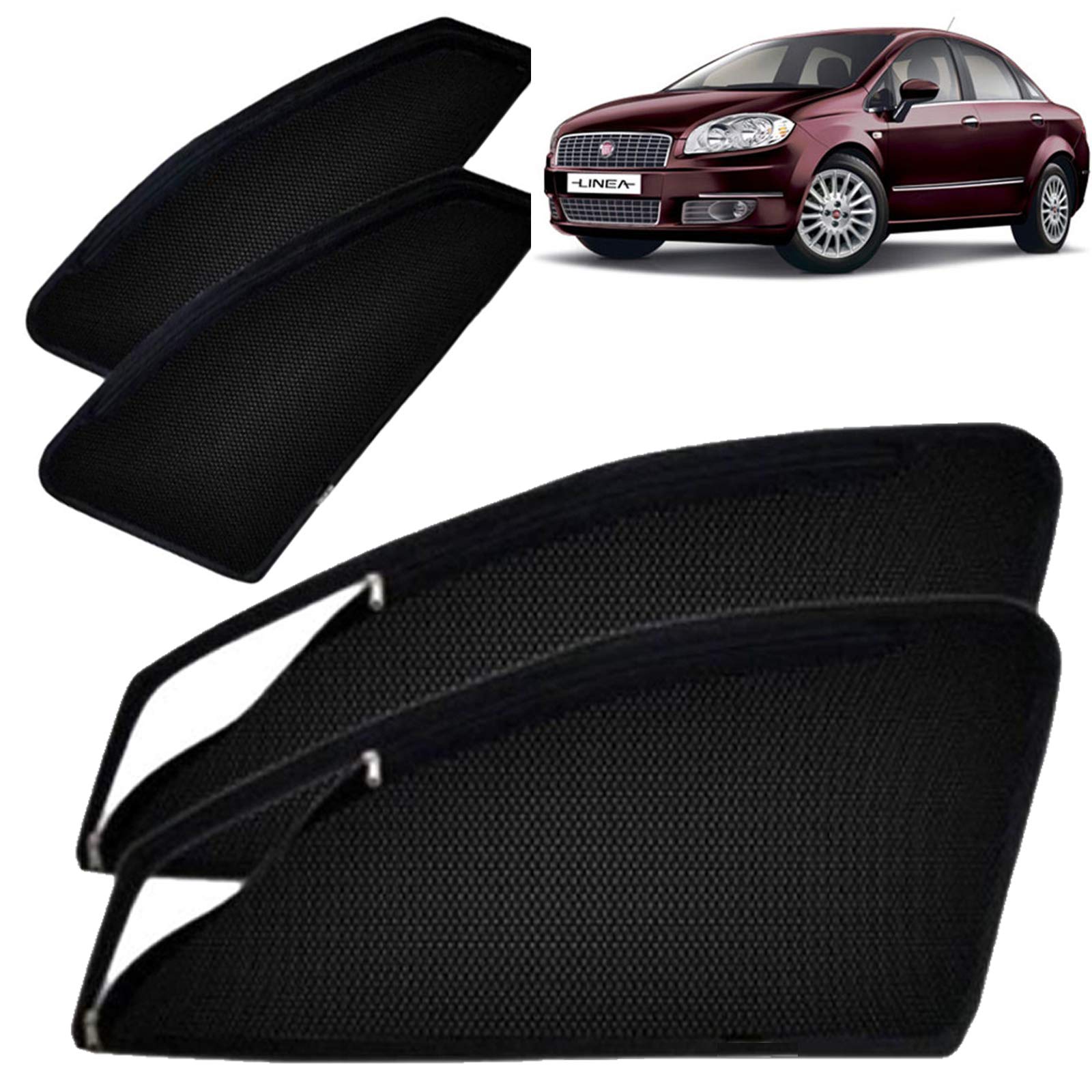 Autofact Magnetic Window Sunshades/Curtains for Fiat Linea [Set of 4pc - Front 2pc with Zipper ; Rear 2pc without Zipper] (Black)