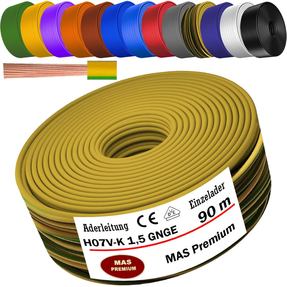 Cavo da 5 a 100 m H07 V-K 1,5 mm² nero, azzurro, verde/giallo, verde, rosso, blu scuro, marrone, arancione, grigio, bianco, viola, blu oltremare o giallo singolo cavo flessibile (verde/giallo, 90 m)