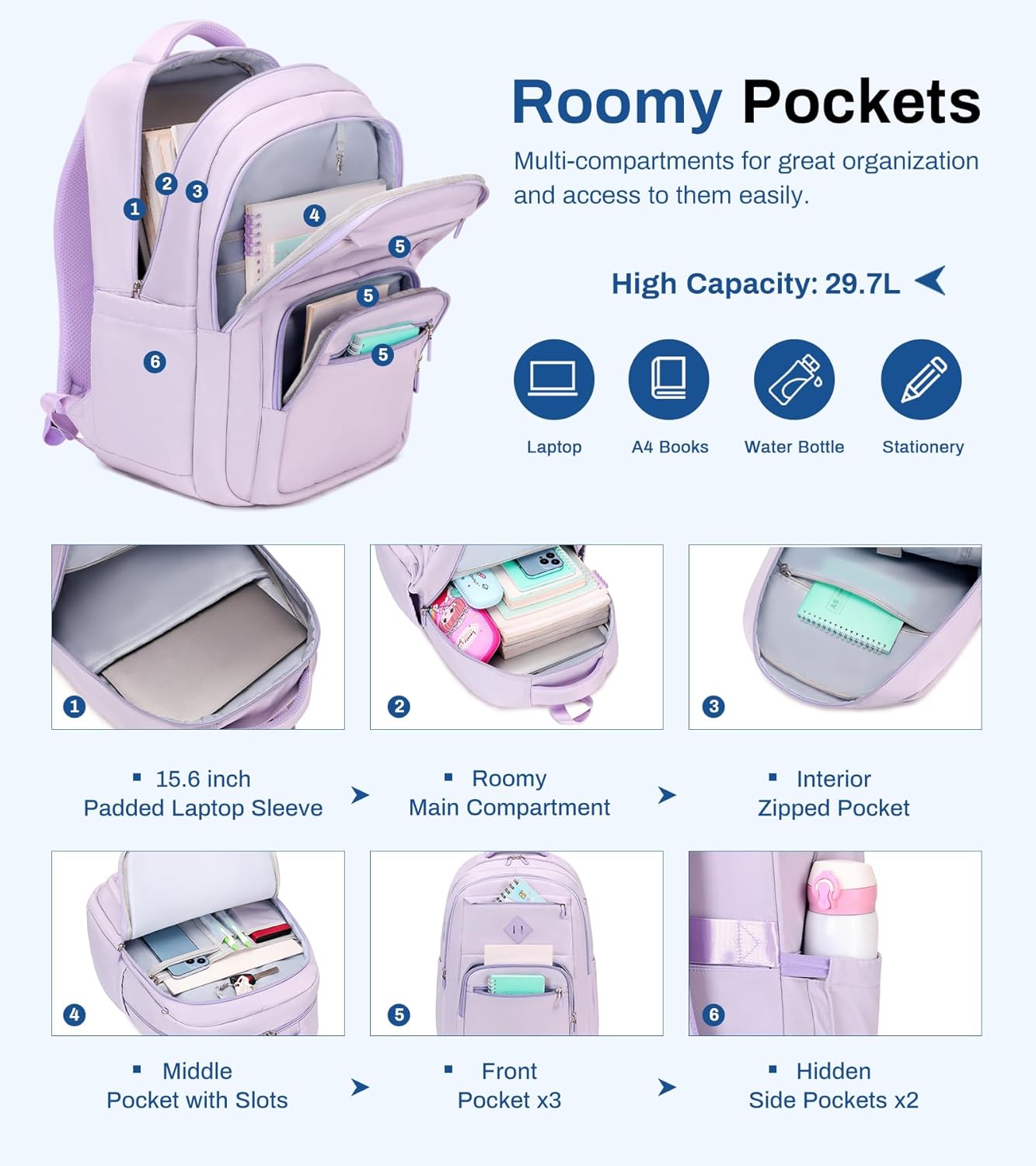 School Backpack for Girls, Lightweight Kids Bookbag Classic College Backpack for Teen Women with Luggage Strap, Age 8-18 Years Old, Purple - Image 4