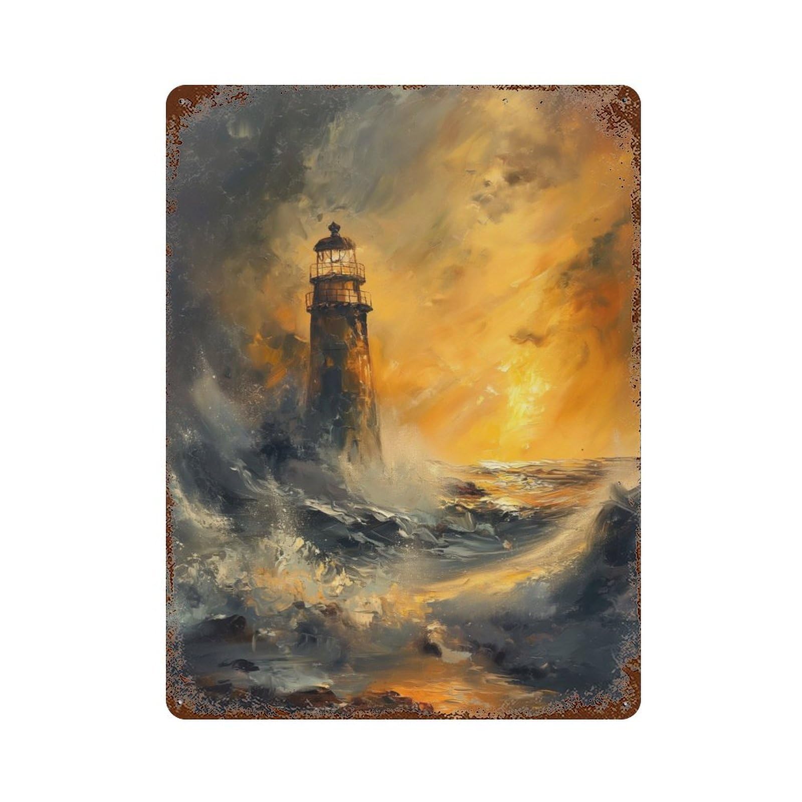 Vintage Rust Metal Sign with Lighthouse Storm Sunset Design 15.7"x11.8", for Garage, Bar And Workshop Decor, Retro Wall Decor