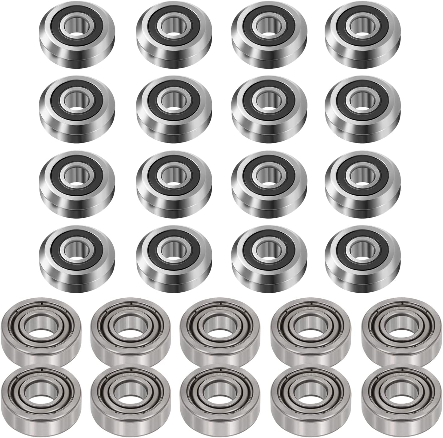 Bonbo16Pcs RM2-2RS 3/8'' Roller Ball Bearings Rubber Sealed V Groove Bearing & 10Pcs R8-ZZ Bearings (1/2" x1-1/8 x5/16) Double Metal Shielded Deep Groove Ball Bearings