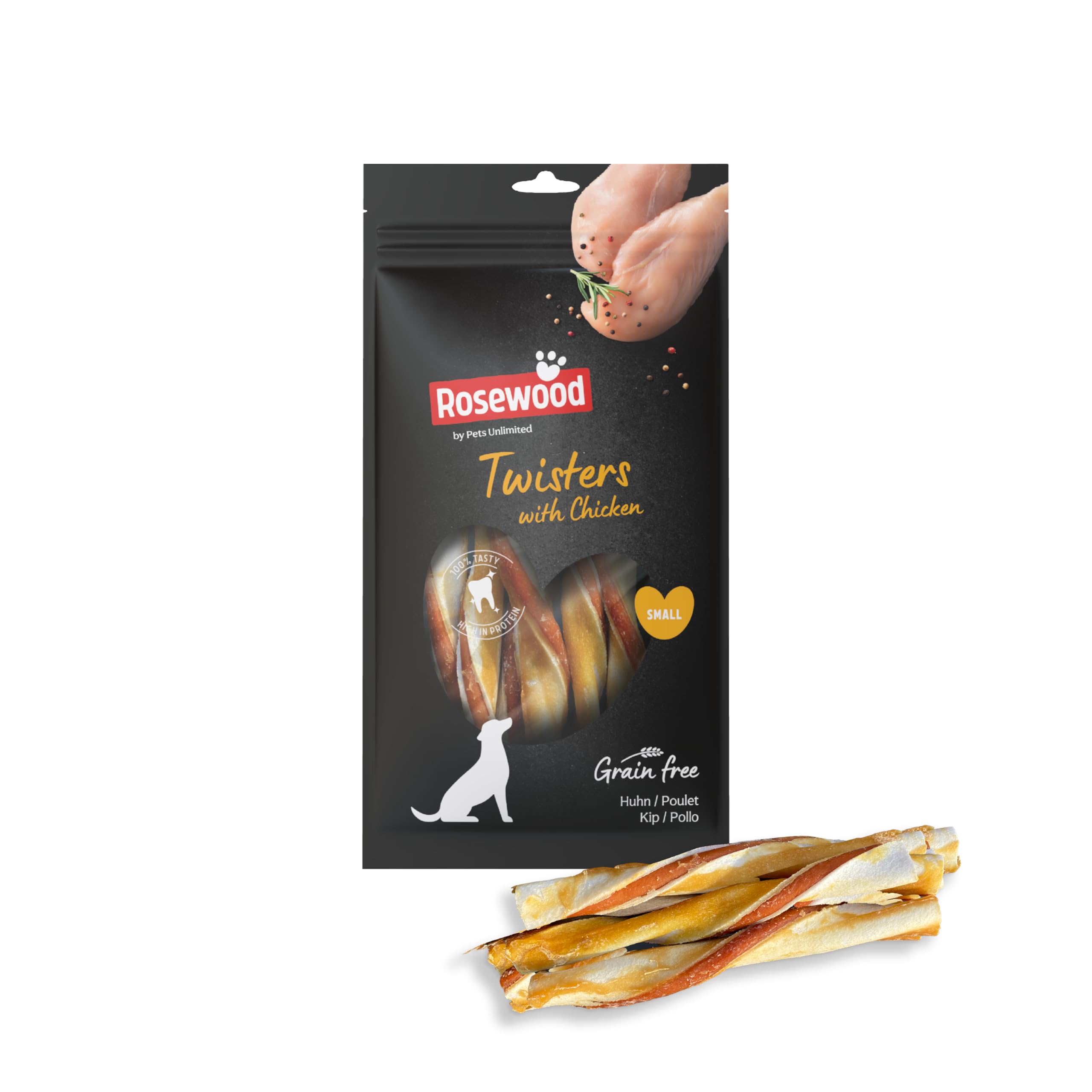 Rosewood Twisters Huhn Small – Fester Kausnack aus Rinderhaut für kleine Hunde, Kaustange mit Huhn, unterstützt die Zahnpflege, ohne Getreide, ohne künstliche Zusatzstoffe, 90 g