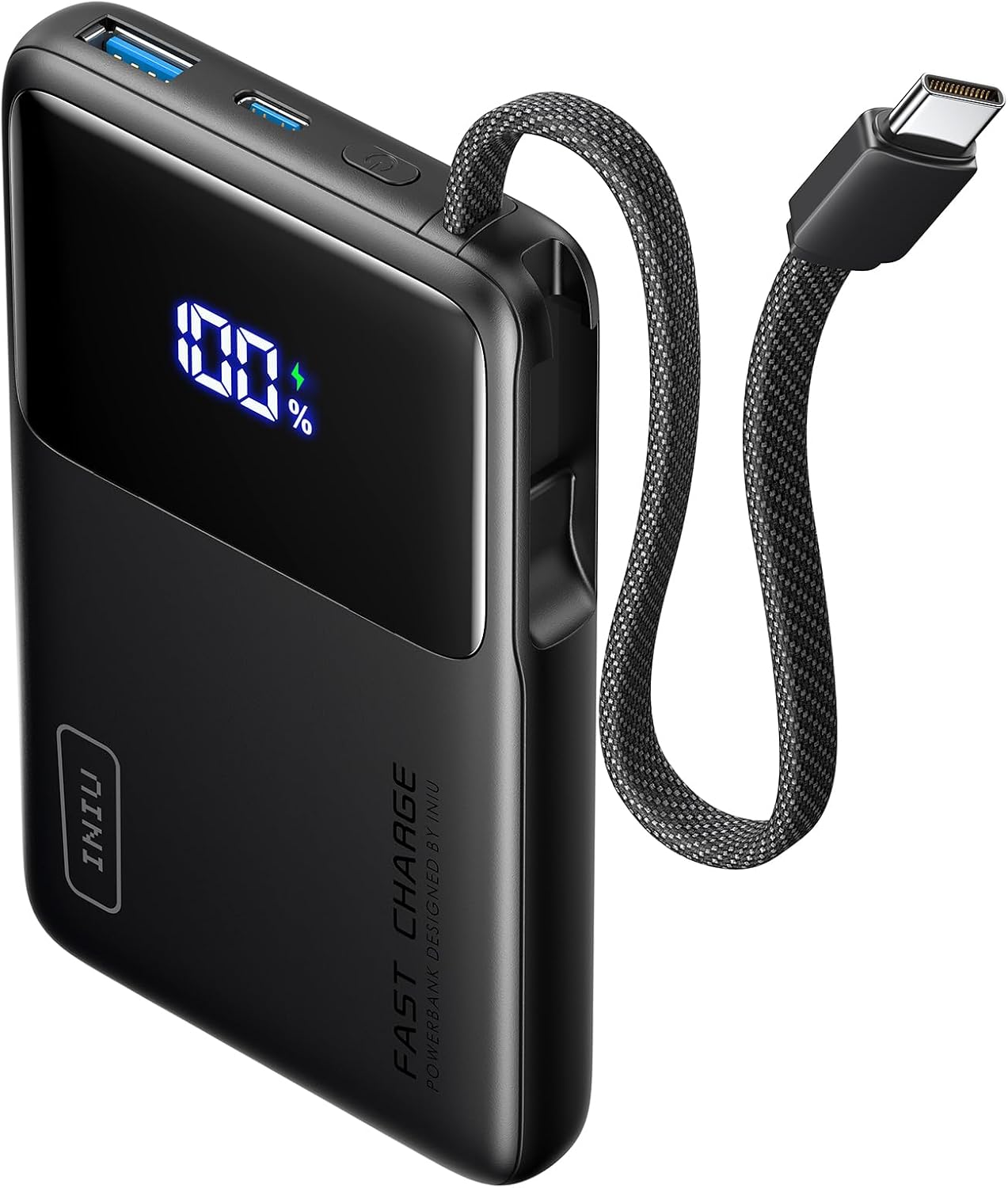 Portable Charger, Smaller 45W Fast Charging Power Bank, 10000mAh Black | Flight-Safe for Travel, Built in USB C Cable, LED Display, Battery Pack for iPhone 17 16 Pro, Samsung S26, iPad etc