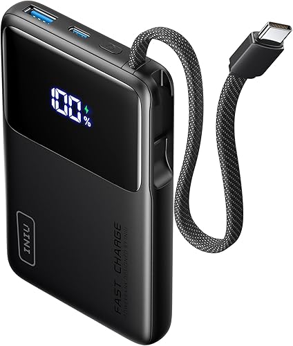 INIU Banco de energía de 45 W, cargador portátil más delgado de 10000 mAh con cable USB-C integrado, batería de entrada y salida USB C de carga