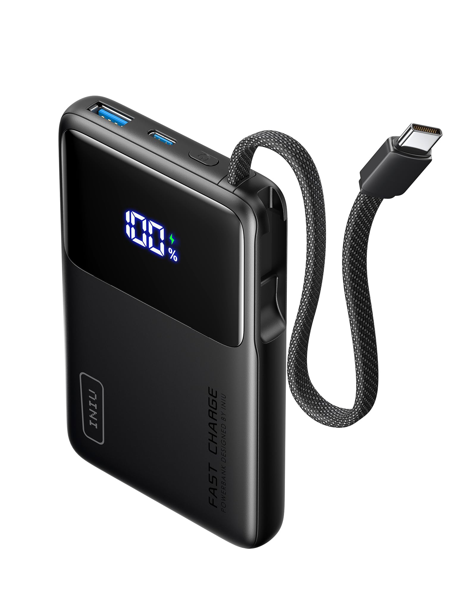 INIU 45W Power Bank, Slimmest 10000mAh Portable Charger with Built in USB-C Cable, Fast Charging USB C in&Out Battery Pack, Travel External Phone Charger for iPhone 17 16 15 Samsung S24 S23 Google etc