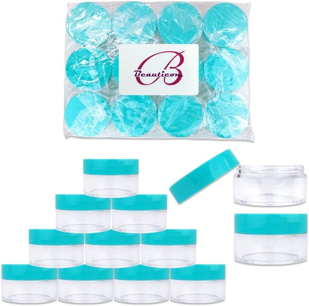 Beauticom 20 gram/20ml Empty Clear Small Round Travel Container Jar Pots with Lids for Make Up Powder, Eyeshadow Pigments, Lotion, Creams, Lip Balm, Lip Gloss, Samples (12 Pieces, Teal)