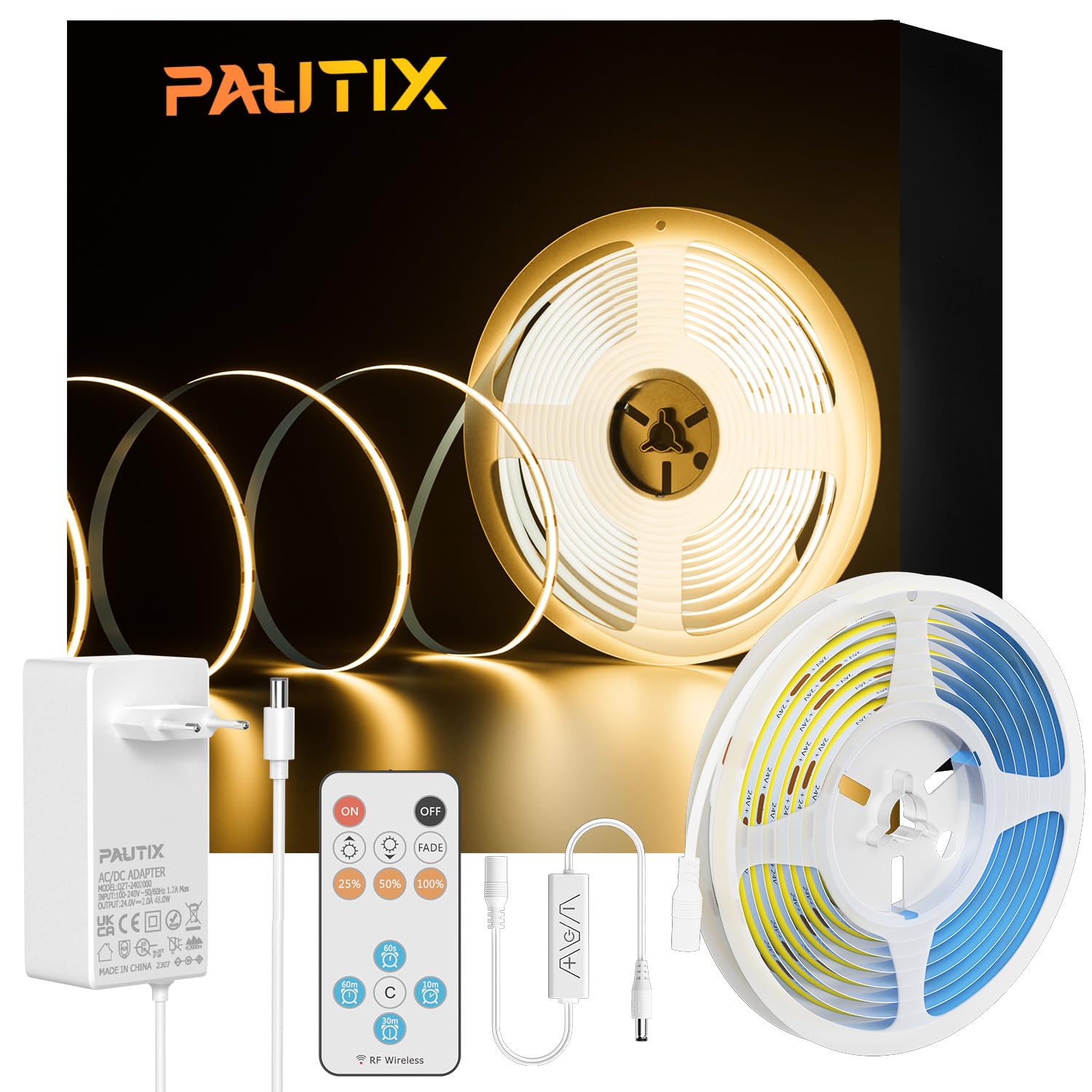 PAUTIX COB LED Streifen Bausatz 2700K Warmweiße,Dimmbar 10M 4800LEDs DC24V LED Strip Light,High Lumen LED Band lichter Kit mit RF Remote Timer Funktion und GS Netzteil für Heim und Küchenbeleuchtung
