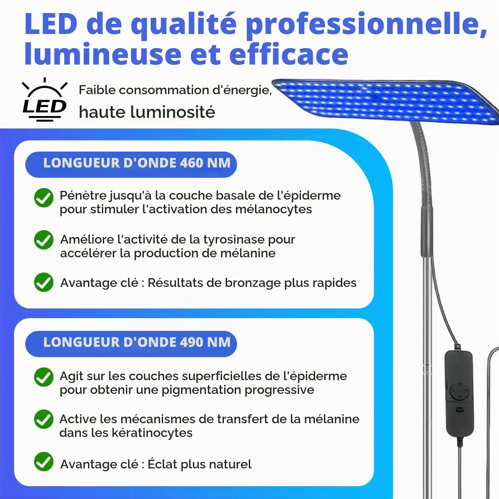 Solarium pour la maison, 460 NM & 490 NM Lampe de bronzage avec lunettes solarium, lumière bleue 25 W, support en métal réglable et minuterie, bronzage du visage avec 126 LED pour un usage domestique
