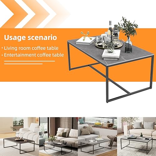 Miniatura 3 de Wisfor Mesa de centro de piedra sinterizada mesa central de sofá gris con marco de metal negro, mesa rectangular de decoración de muebles para sala