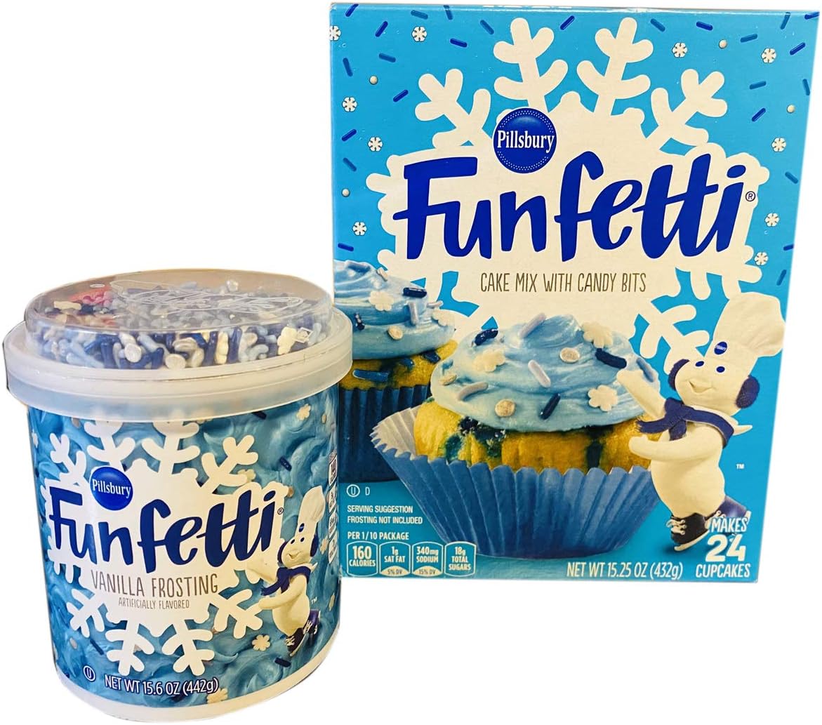 Pillsbury Funfetti Winter Cupcake Mix Set! Includes Cake Mix With Candy Bits And Vanilla Frosting With Snowflake Sprinkles! Festive Colors & Delicious Funfetti Cake! Christmas Cupcakes Treat For Kids!
