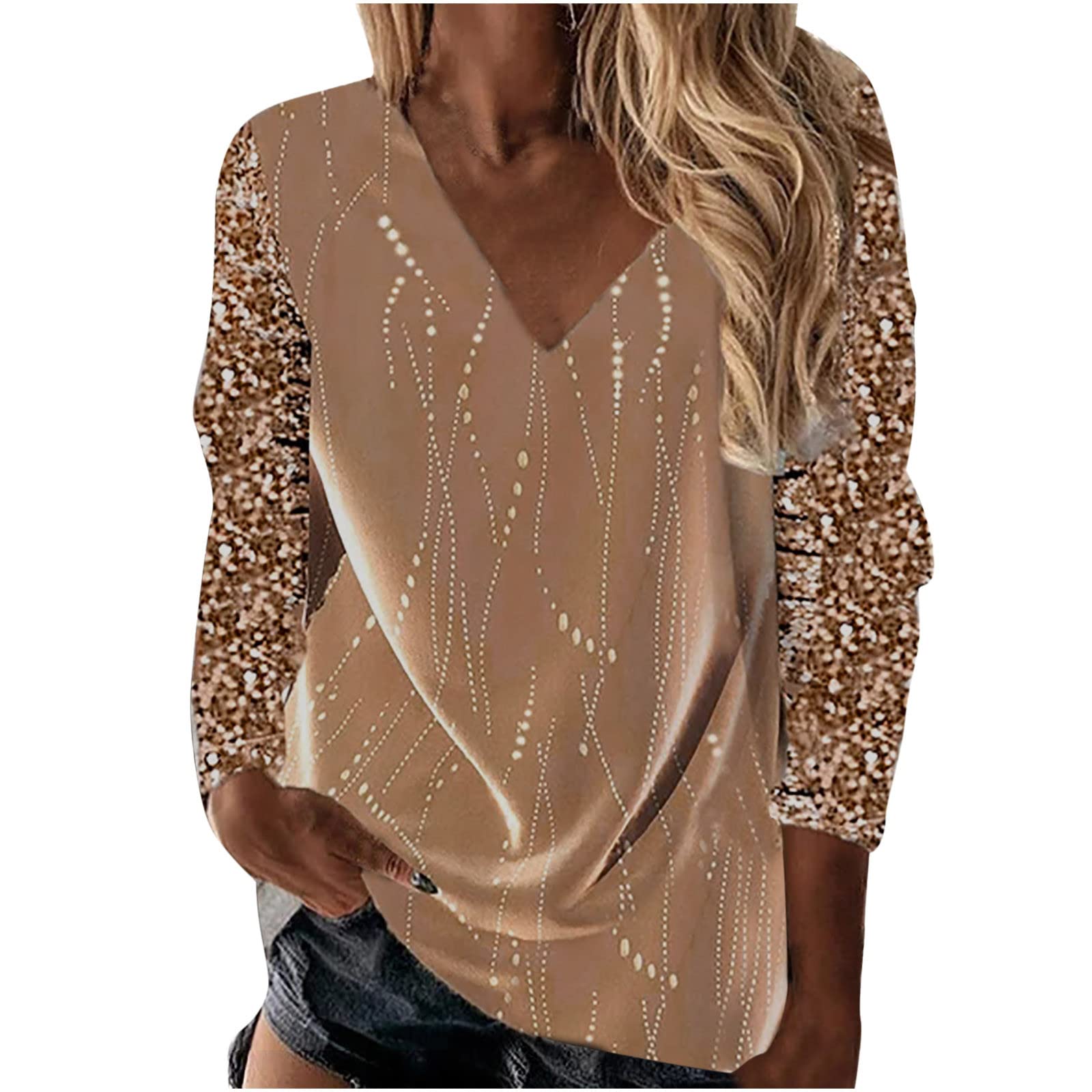 NUSGEAR 2022 Camiseta de Mujer,Manga Larga Elegante Blusa Camisa Moda Cuello en V Casual impresión Lentejuelas Basica Jersey Sudadera Suelto Primavera Tops Fiesta Sudadera T-Shirt Original