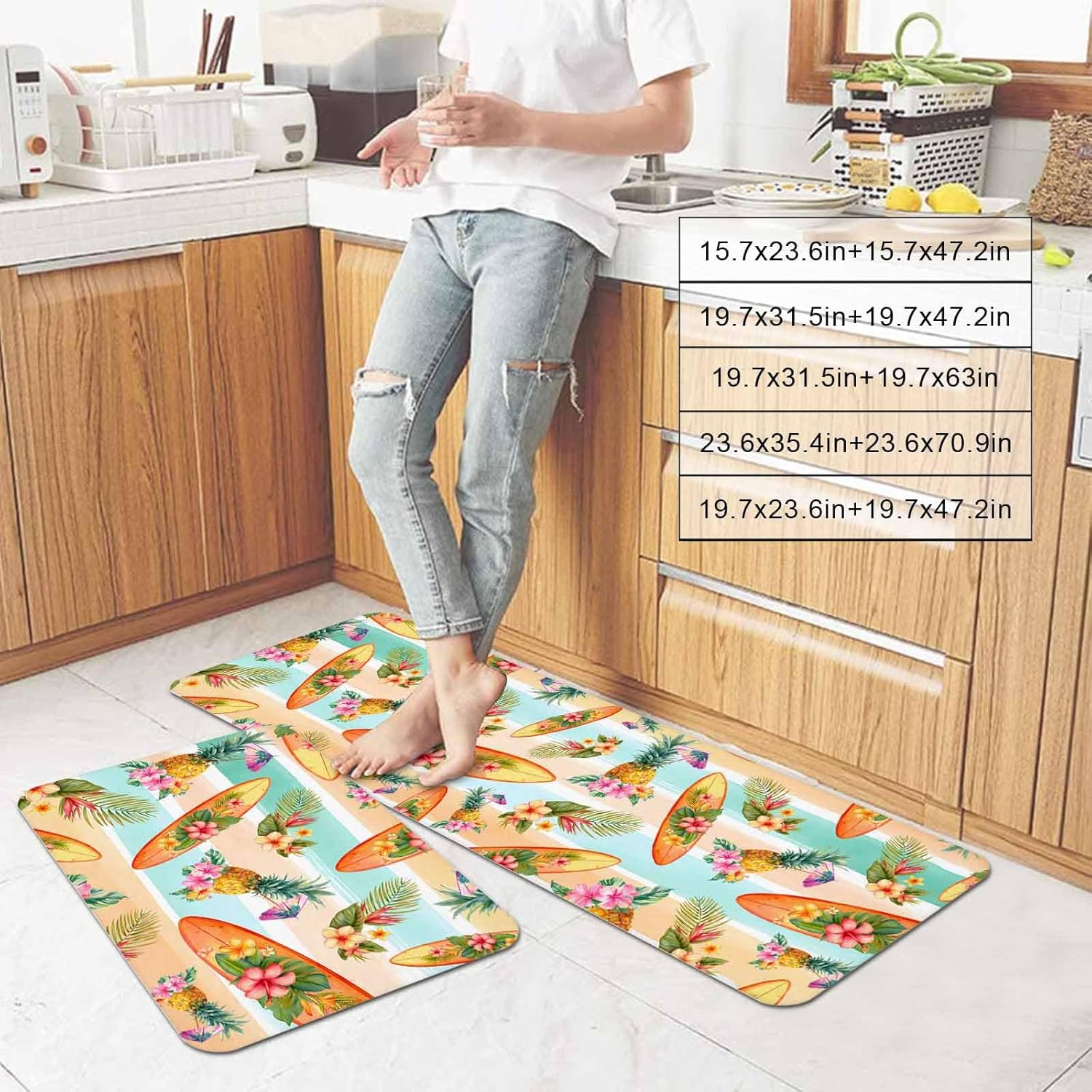 Tropical Plant Kitchen Mat Set 2 Pieces Pineapple Surfboard Pink Flowers Summer Green Orange Striped Non Slip Kitchen Rugs Washable Runner Rug Mats for Sink Laundry 23.6" x 35.4"+23.6" x 70.9"