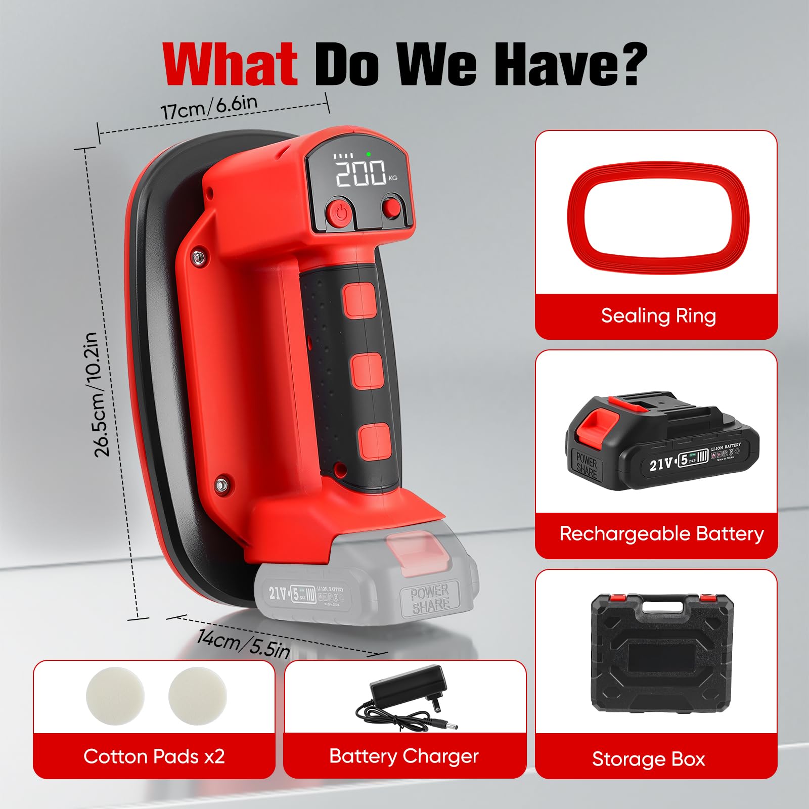 Elevador de ventosa a batería con capacidad de elevación de 200 kg, pantalla LCD y batería de 2000 mAh. La ventosa es apta para azulejos, vidrio, mármol, ventanas y espejos. Cargador incluido.