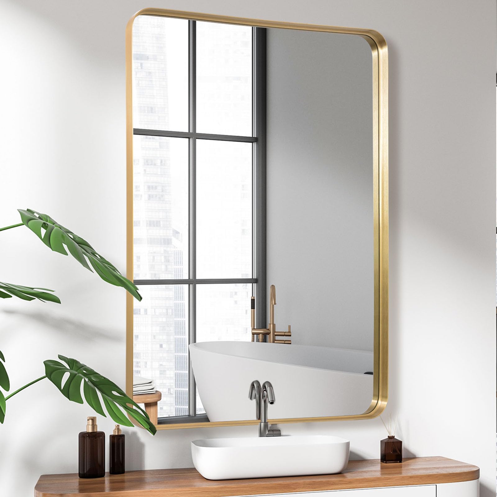 Wall Mirror 30" x 40" for Bathroom Gold Metal Deep Frame Mirror for Wall Decorative Rectangular Round Corner Wall Mounted Vanity Mirror for Bedroom Living Room Entryway Wall Decor