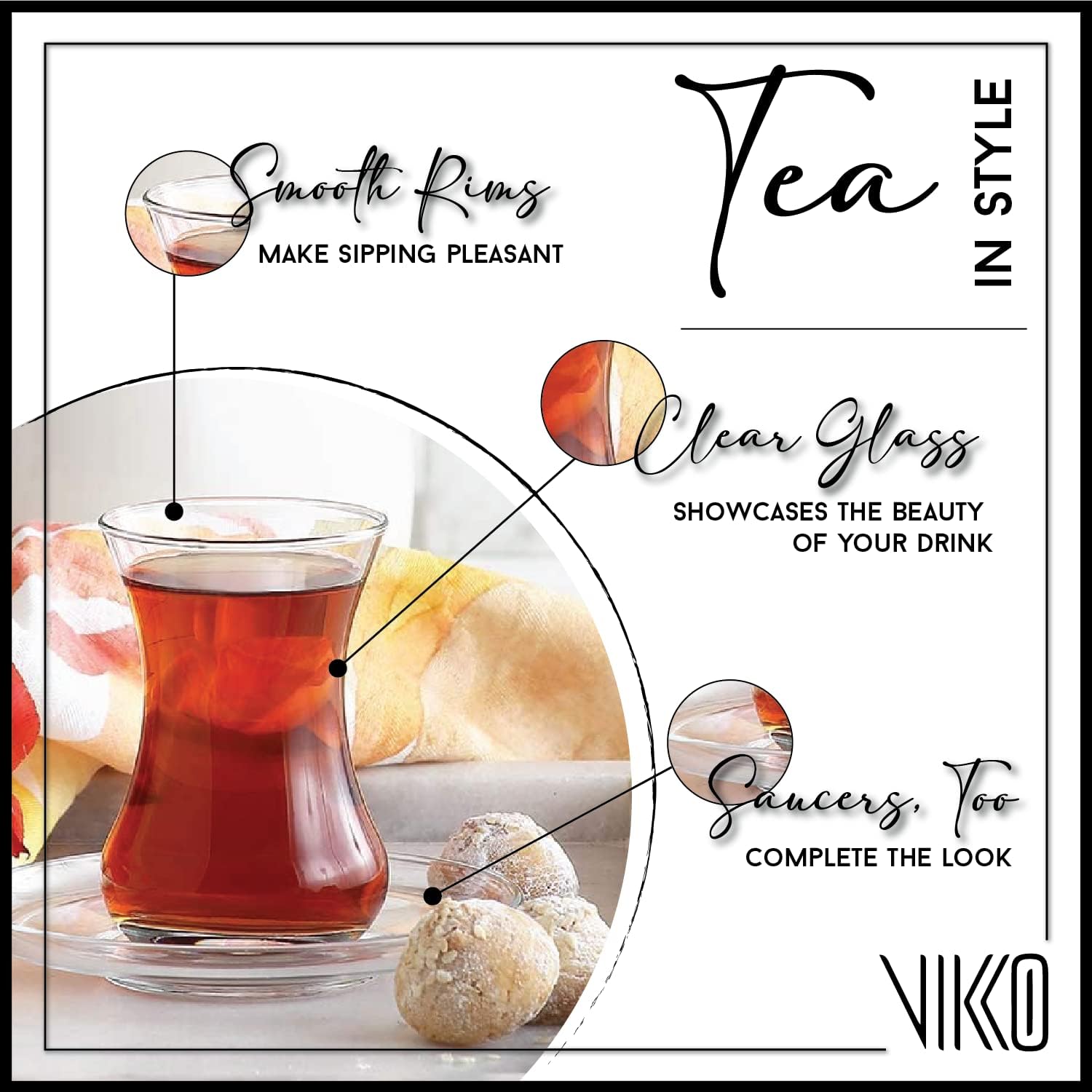 Vikko Turkish Tea Glasses and Saucers, 4 Oz Turkish Tea Cups, 6-Piece Set - Image 2