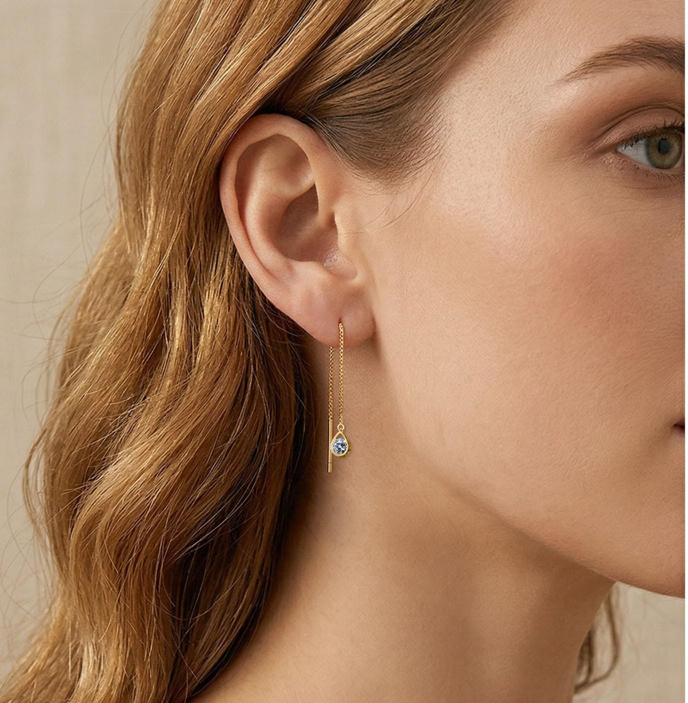 Reffeer Solid 925 Sterling Silver CZ Droplet Chain Dangle Earrings for Women Teen Girls Tassel Dangle Earrings Threader