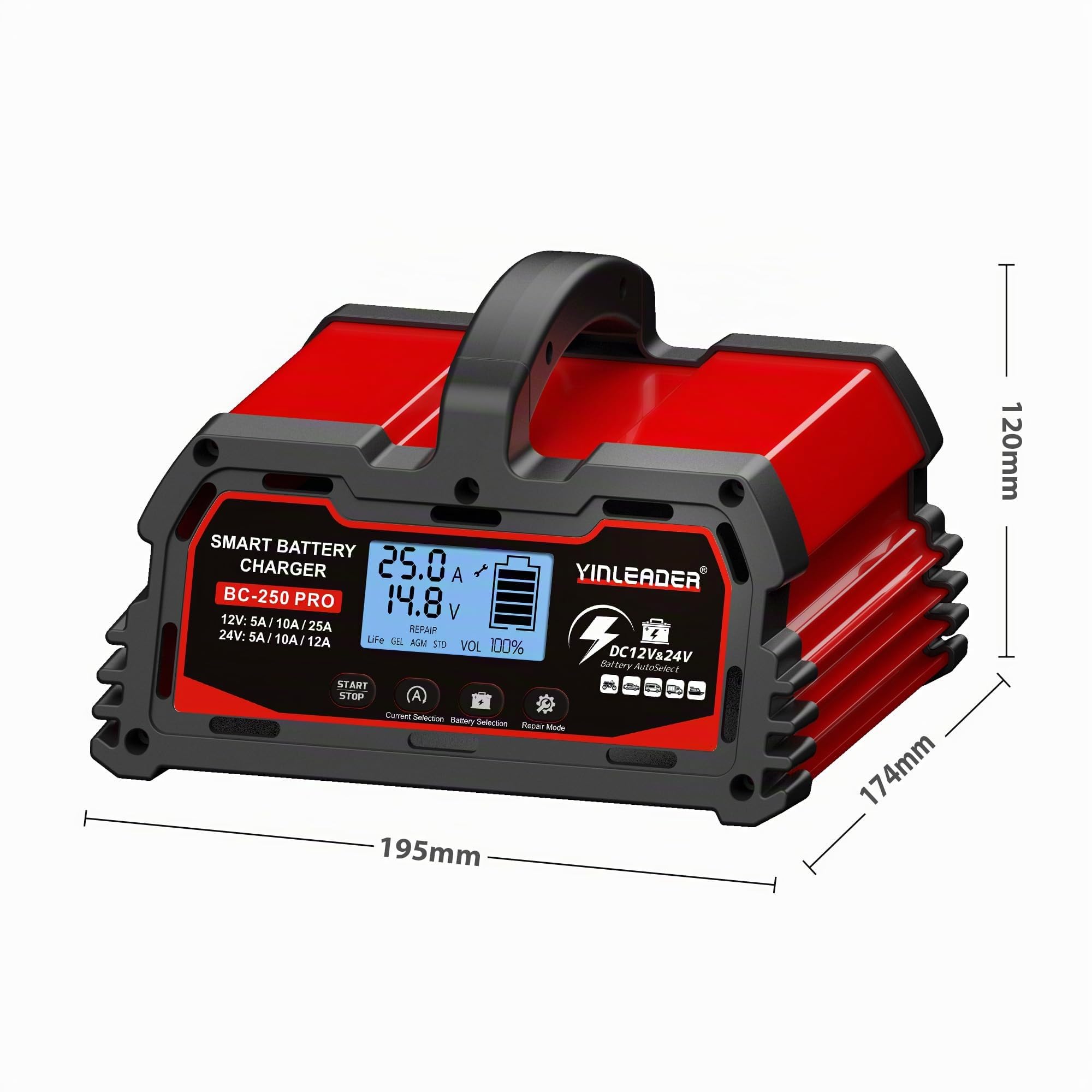 Yinleader Cargador de batería para automóvil 25A 12V/24V 12A/10A/5A Cargador de batería para automóvil Cargador Inteligente con Pantalla LCD, para batería de 12V LiFePO4