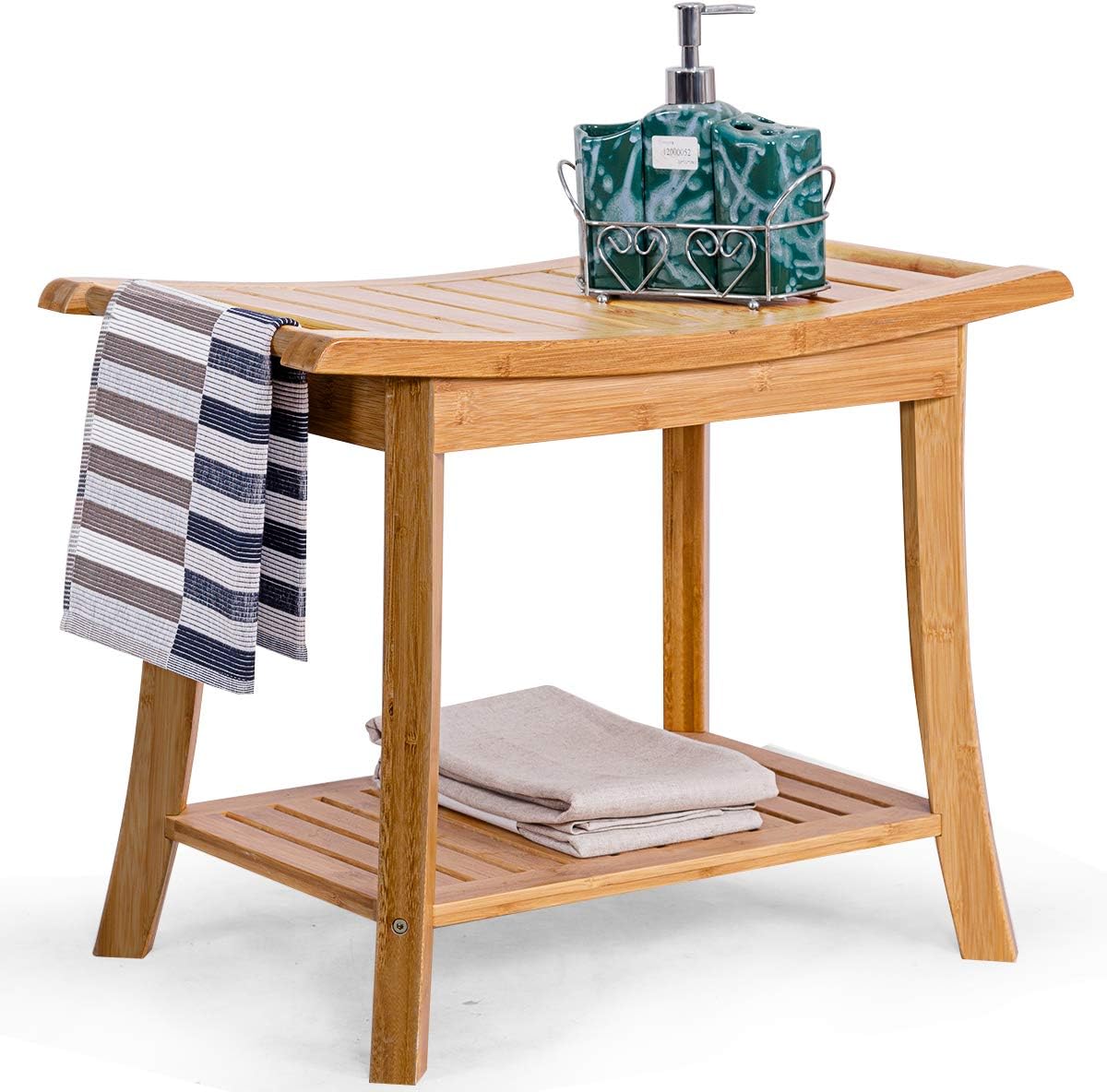 Giantex Bamboo Shower Bench Seat with Storage Shelf, Shower Spa Chair Seat Bench Organizer Stool for Indoor or Outdoor (24"x13"x18")