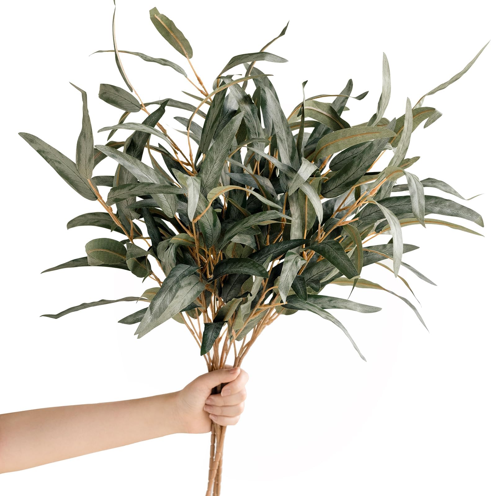 Ling's Moment Artificial Salix Leaves 4pcs Fake Long Willow Leaf Bulk Wedding Faux Plant for DIY Bouquet Centerpieces Arrangements Bridal Shower Decorations, Sage Green