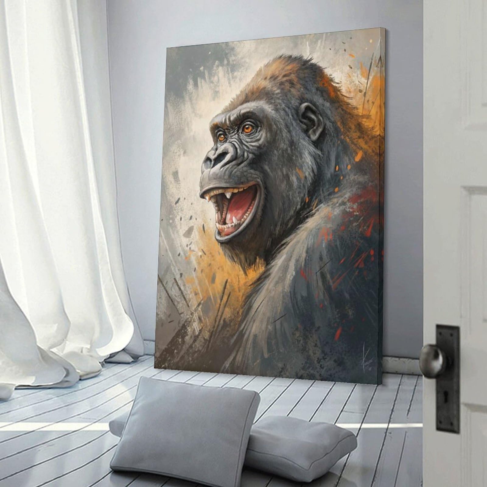 Junmoney Smiling Gorilla Portrait Wall Picture Print 20x30inch(50x75cm), for Home Office, Desk Area Or Studio, Home Office Artwork with Decorative Appeal