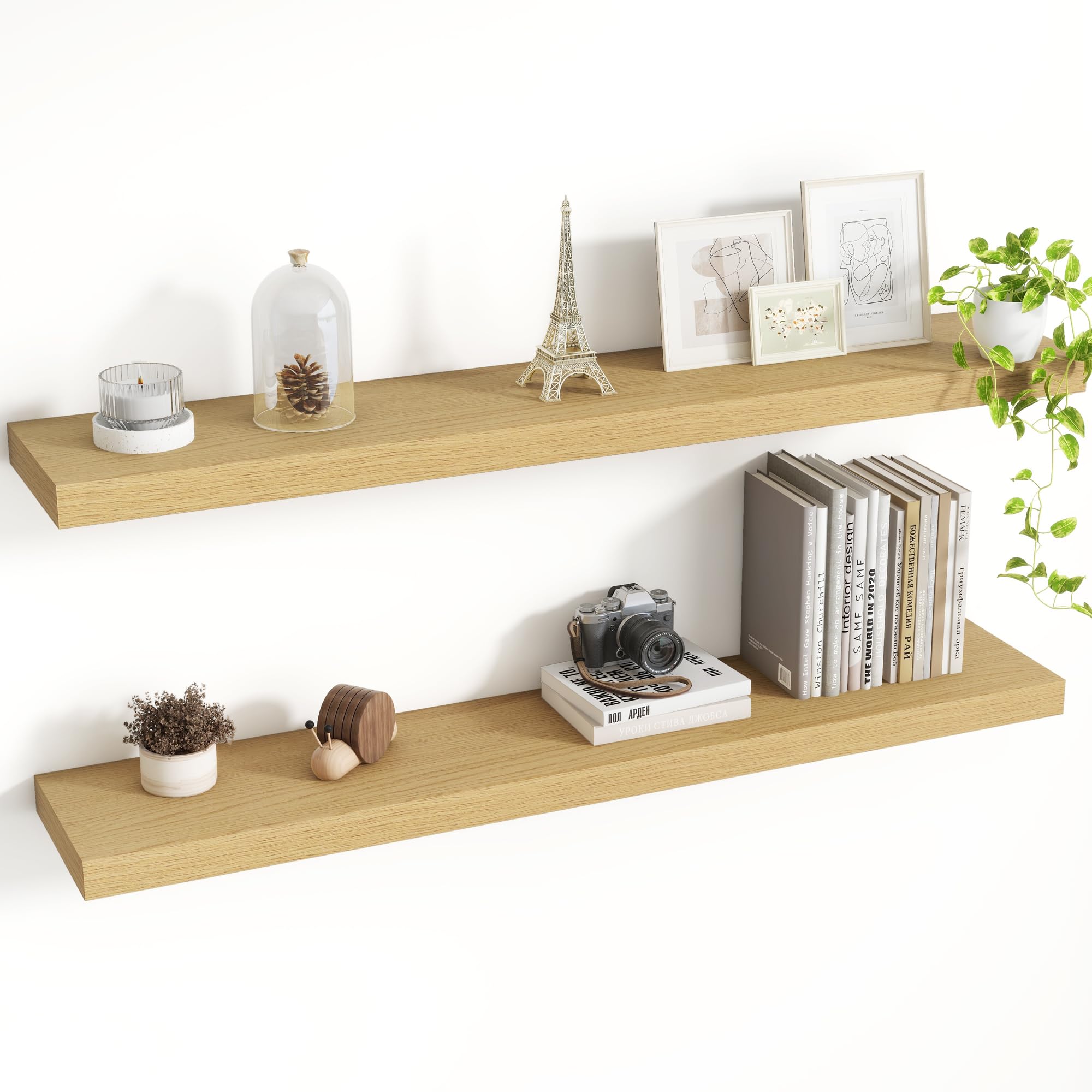 Acovy Floating Shelves for Wall, Extra Deep 100cm Long Wooden Wall Mounted Shelf, Wall Shelves for Living Room Bathroom Bedroom Kitchen, Oak, Set of 2 โ image 1