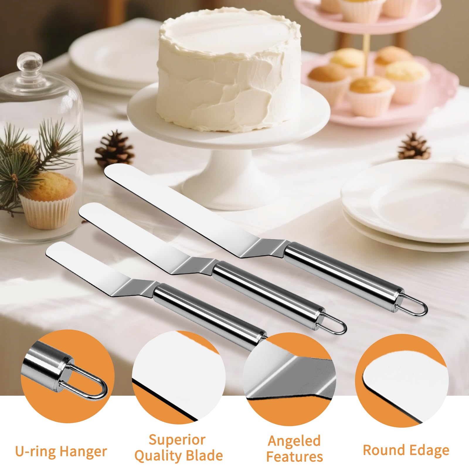 Lot de 3 spatules décalées avec lame de 15,2 cm, 20,3 cm et 25,4 cm, spatule à glaçage en acier inoxydable, outils de décoration de gâteaux, lisseur pour décoration de gâteaux, pâtisserie