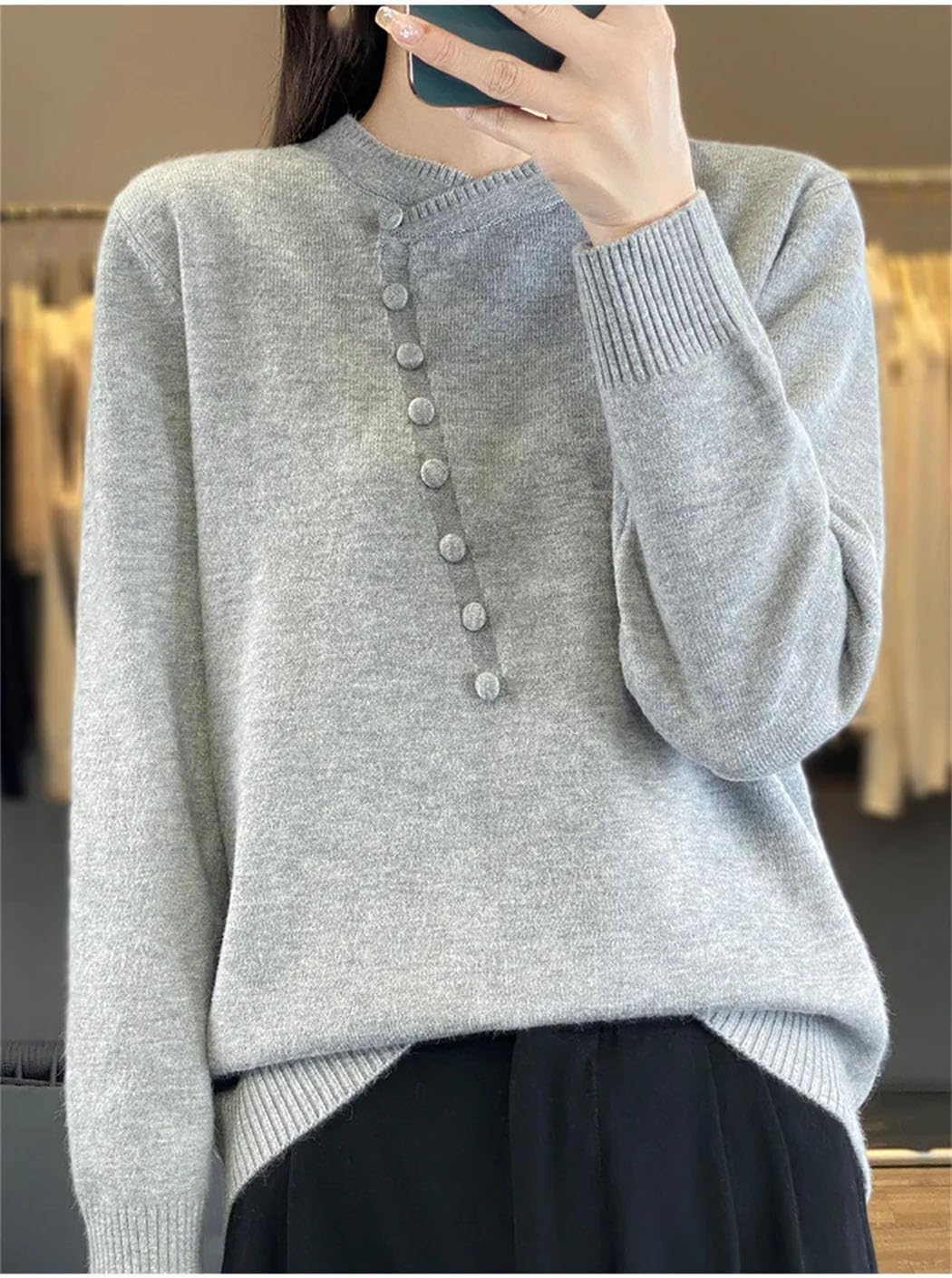 Women's Crewneck Long Sleeve Knit Sweater Loose Botton Casual Pullover Jumper All-Match Comfortable Soft Tops