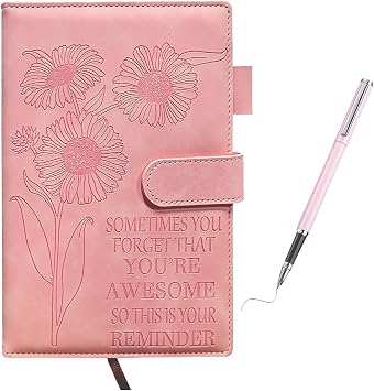 Sunflower Pink Leather Journal - Modern Writing Notebook with Closure and Pen Holder Secret Diary 200 Pages A5 Notebook Gift for Employee School Office Back to School Party Graduation Birthday Gift