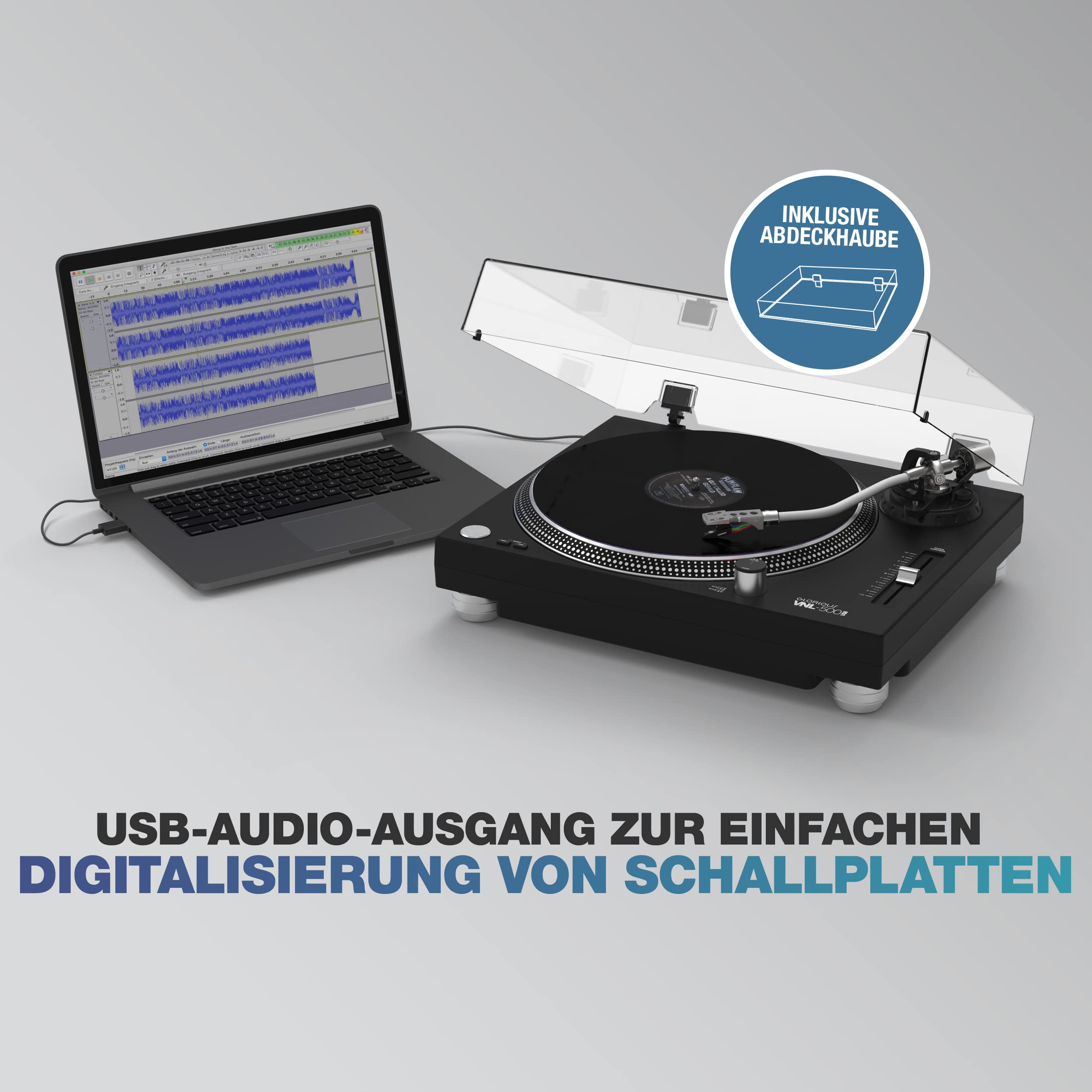 Glorious VNL-500 USB | Quarzgesteuerter Plattenspieler mit Direktantrieb, Ideal als Abspielgerät für zuhause, USB-Ausgang für Digitalisierungsfunktion, 2 Geschwindigkeiten (33 1/3 & 45 RPM)