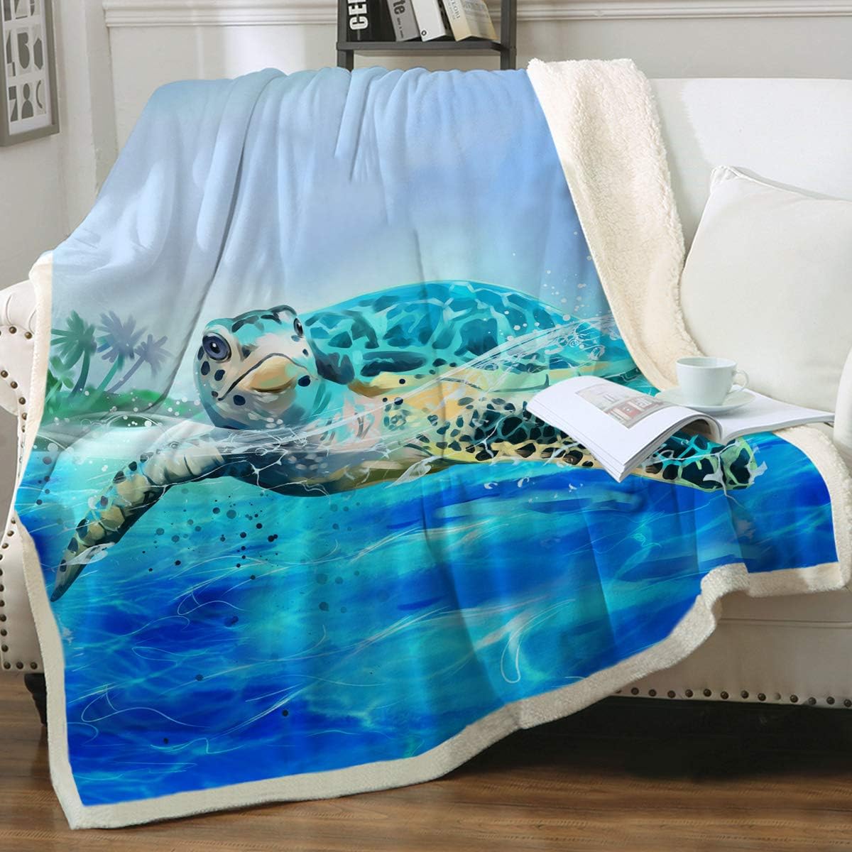 Sleepwish Sea Turtle Sherpa Fleece Reversible Throw Blanket 3D Ocean World Plush Fuzzy Blankets Blue Nautical Beach Animal Lovers Gift for Children Kids Throw(50"x60")