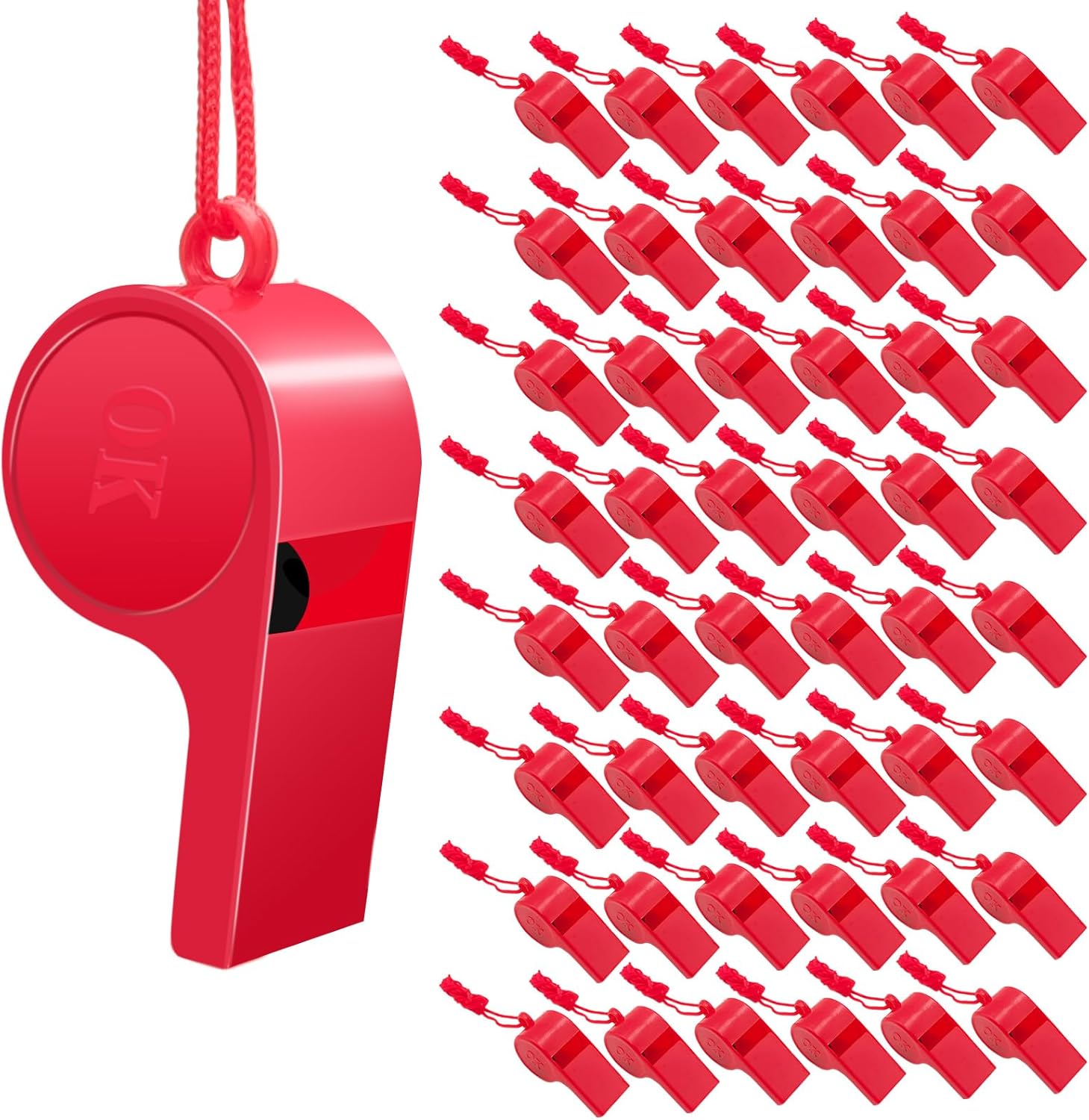 itechpanda 48 Pack Red Emergency Whistles with Lanyard