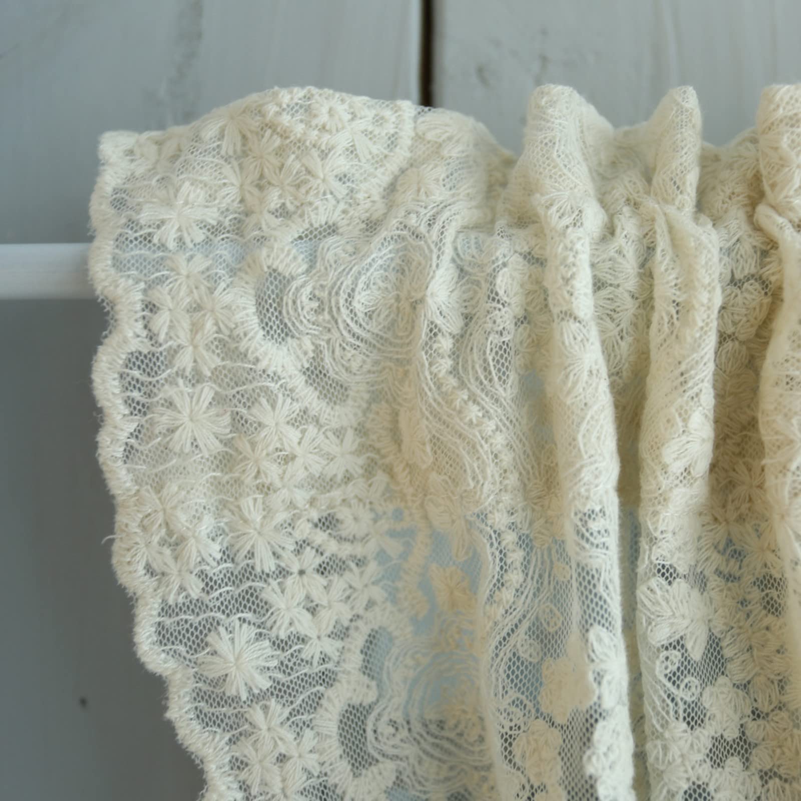 A.Monamour Rideau de Cuisine Court pour Petit Fenêtre - Dentelle Brodée Florale Beige Transparente Rétro Brise-bise à Disques Cantonnières Demi-Rideau Passe-Tringle pour Bistro Café