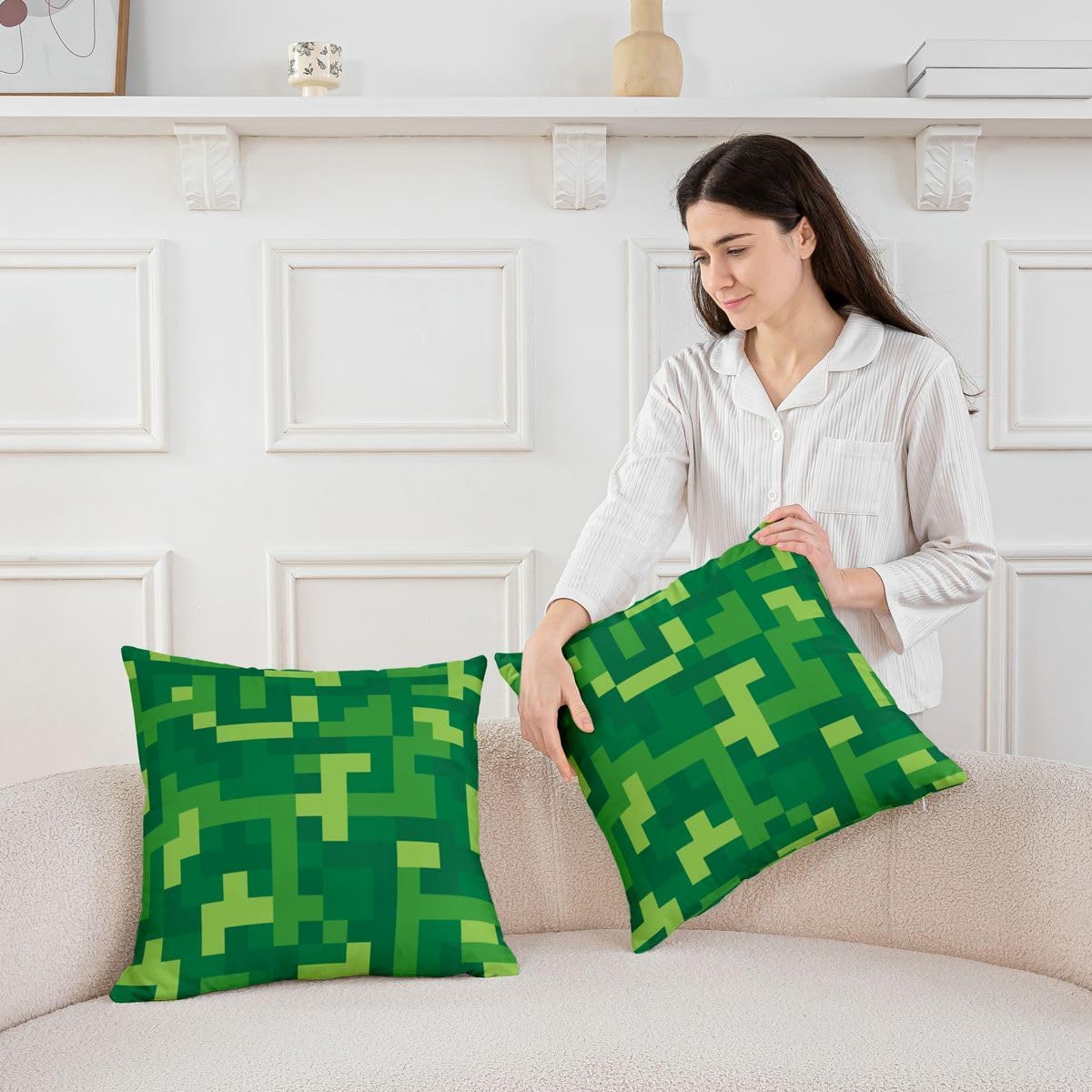 Castle Fairy Pixel Grid Throw Pillow Cover Pixelated Blocks Double Sides Pillow Case for Kids Boys Girls Room Decor,Miners Gird Gamer Cushion Cover for Bed Couch Sofa,Cyan Green 4 Pack 16"x16" image 4