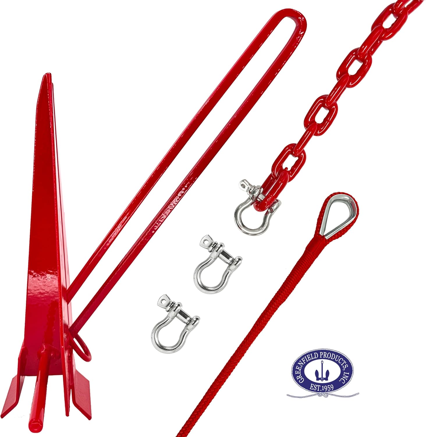 Greenfield Complete Fluke Anchor Kit American-Made, Includes Chain, 200ft Rope & Shackles | Sizes for Boats up to 16' & 24'